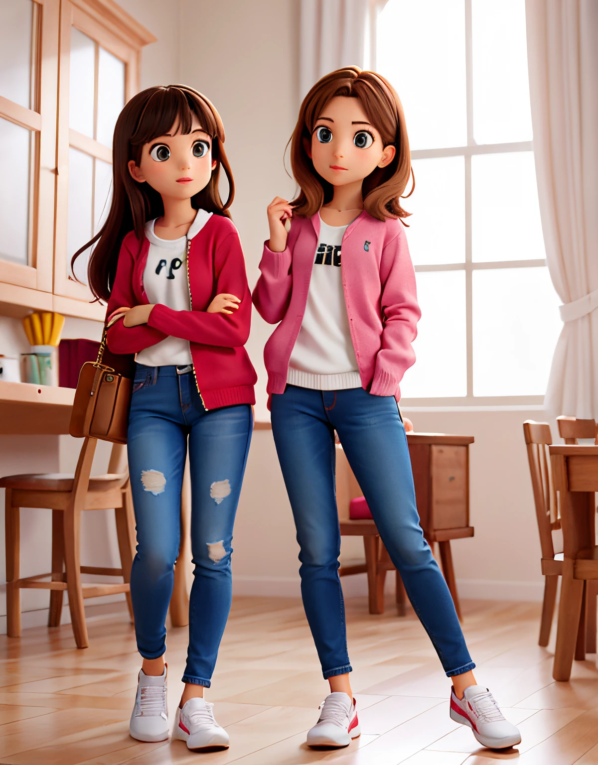 Dos chicas sentadas en sillas abrazadas,una con pelo suelto color negro,con pans, sudadera rosa y tenis,the other girl with jeans long loose brown hair with white sweater and black shoes