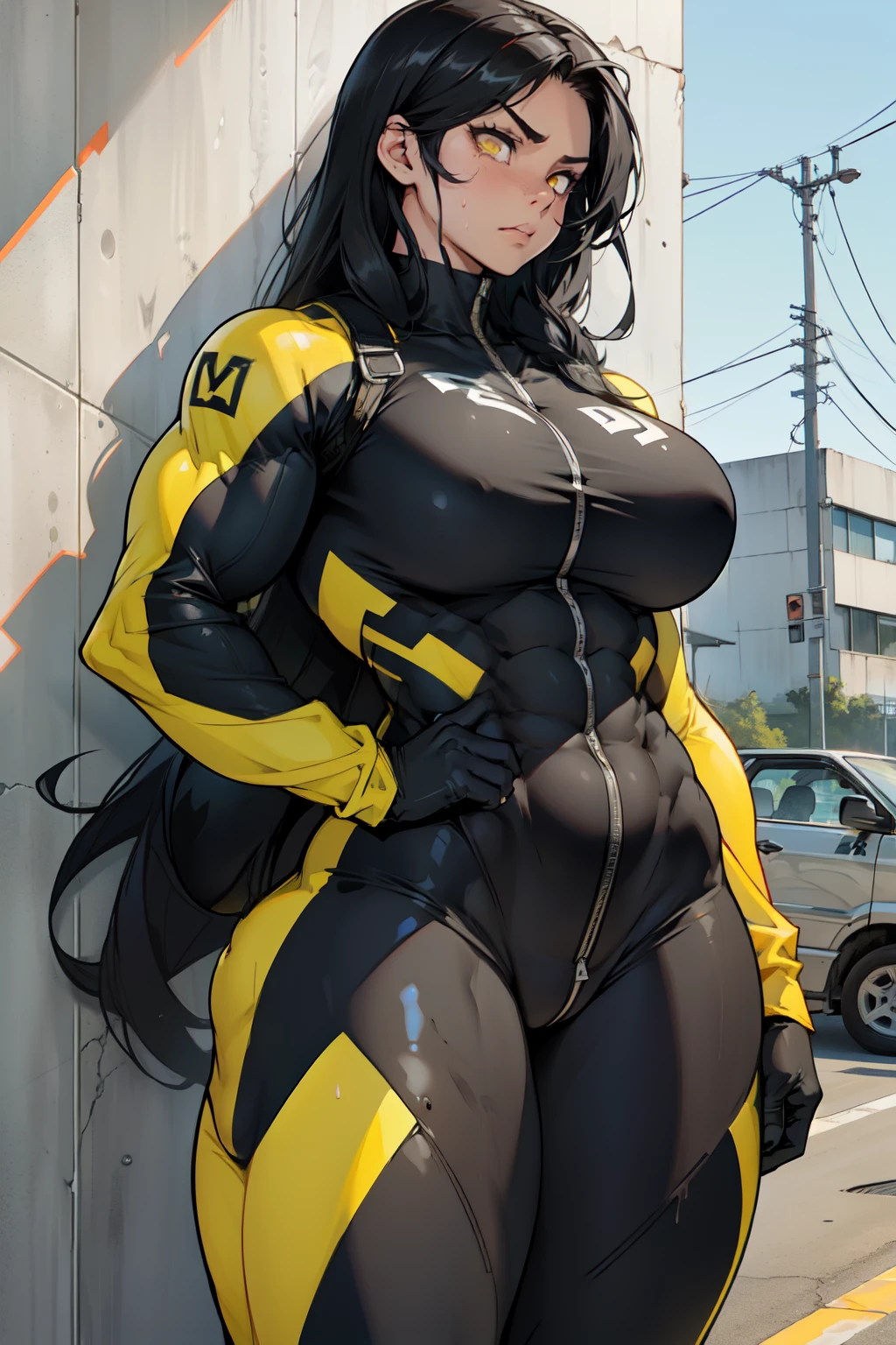 ((((((1girl)))))) (((((muscular))))) ((thick thighs huge breasts)) black hair yellow eyes solo angry pale skin sweaty concrete wall very long hair bodysuit curvy wide hips bodybuilder