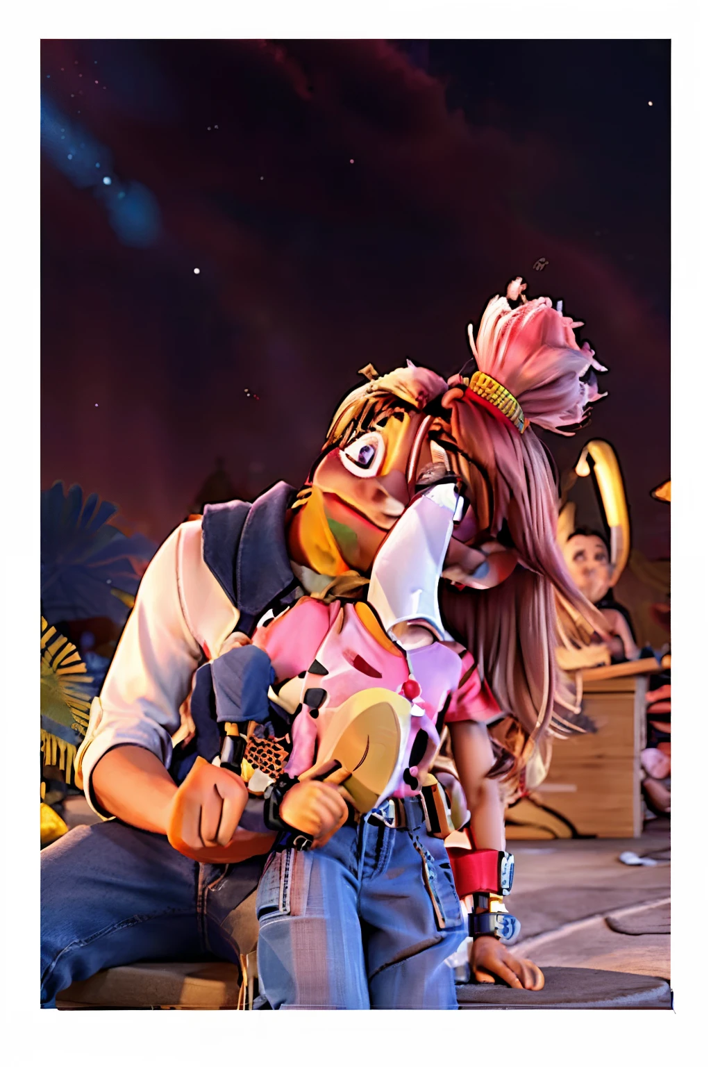 a couple picture, the man sitting next to the woman while holding the woman's biceps and smelling her shoulder. the man is wearing a white shirt with a black lining on the neck line of the shirt and a black belt bag and a black watch and skyblue pants. while the woman is wearing a pink tshirt, long hair and wearing a red face mask and light pink watch while closing her eyes and looking up at the sky. night background