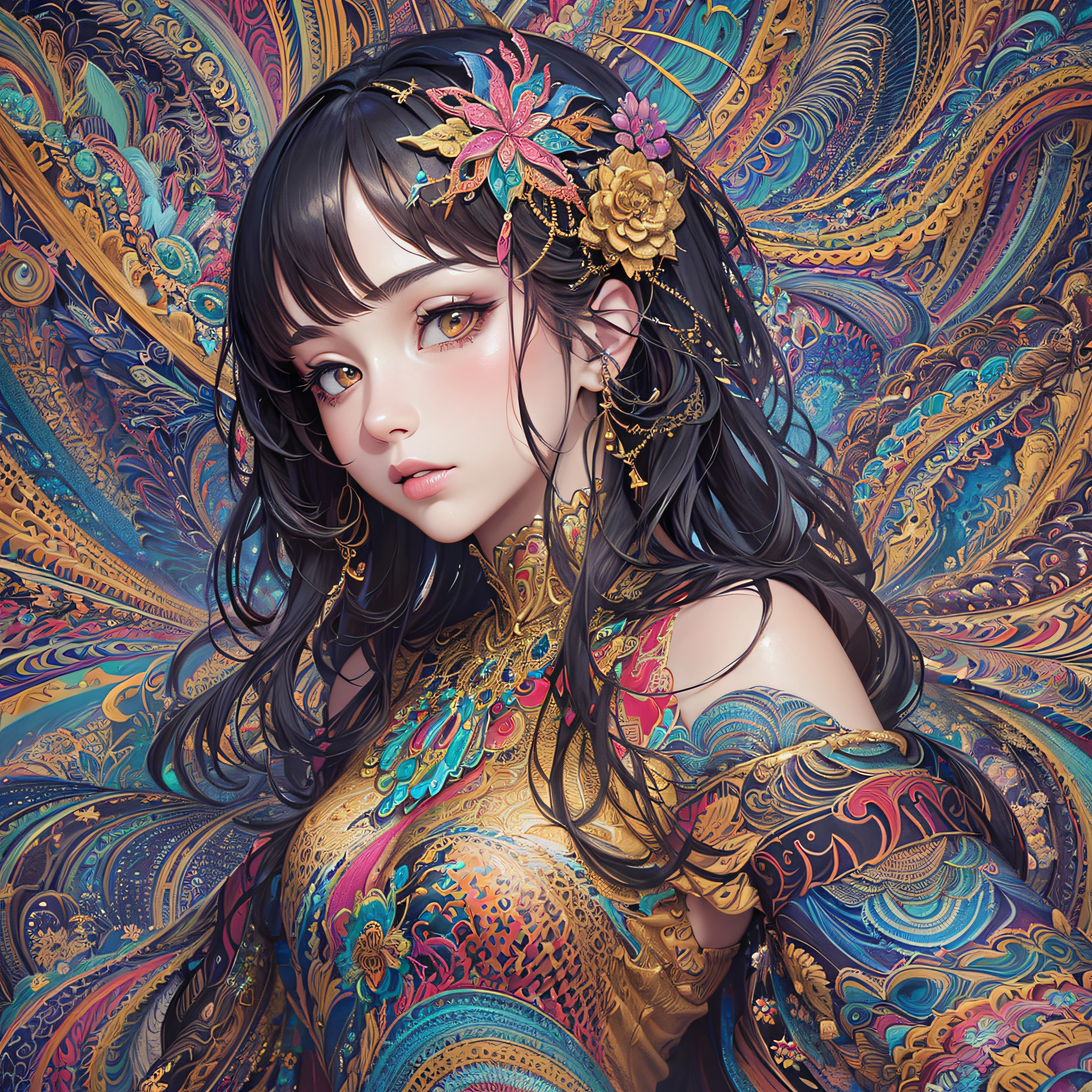 (masterpiece, top quality, best quality, official art, beautiful and aesthetic:1.2), (1girl:1.3), extremely detailed,(fractal art:1.2),colorful,highest detailed,(zentangle:1.2), (dynamic pose), (abstract background:1.5), (treditional dress:1.2), (shiny skin), (many colors:1.4), upper body, masterpiece, best quality,high quality,highres, 16K,RAW,ultra highres,ultra details,finely detail,an extremely delicate and beautiful,extremely detailed,real shadow, anime,highly detailed painted,award winning glamour paintting,wonderful paintting,art style,stylized,