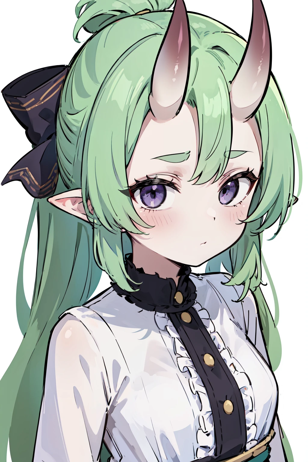 masterpiece, best quality, 4k, face close-up, portrait, 1girl, solo, beige hair, light green hair, pale green hair long hair, purple eyes, empty eyes, small breasts, (oni girl, oni horns, forehead horns), serious, neutral, white blouse, one piece blouse, medieval fashion, standing, arms behind back, looking at viewer, white background, simple background, transparent background