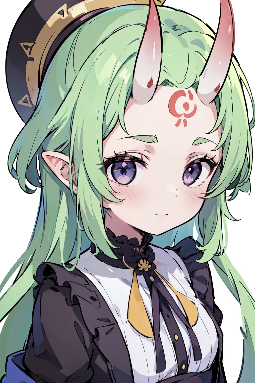 masterpiece, best quality, 4k, face close-up, portrait, 1girl, solo, beige hair, light green hair, pale green hair long hair, purple eyes, empty eyes, small breasts, (oni girl, oni horns, forehead horns), serious, neutral, white blouse, one piece blouse, medieval fashion, standing, arms behind back, looking at viewer, white background, simple background, transparent background