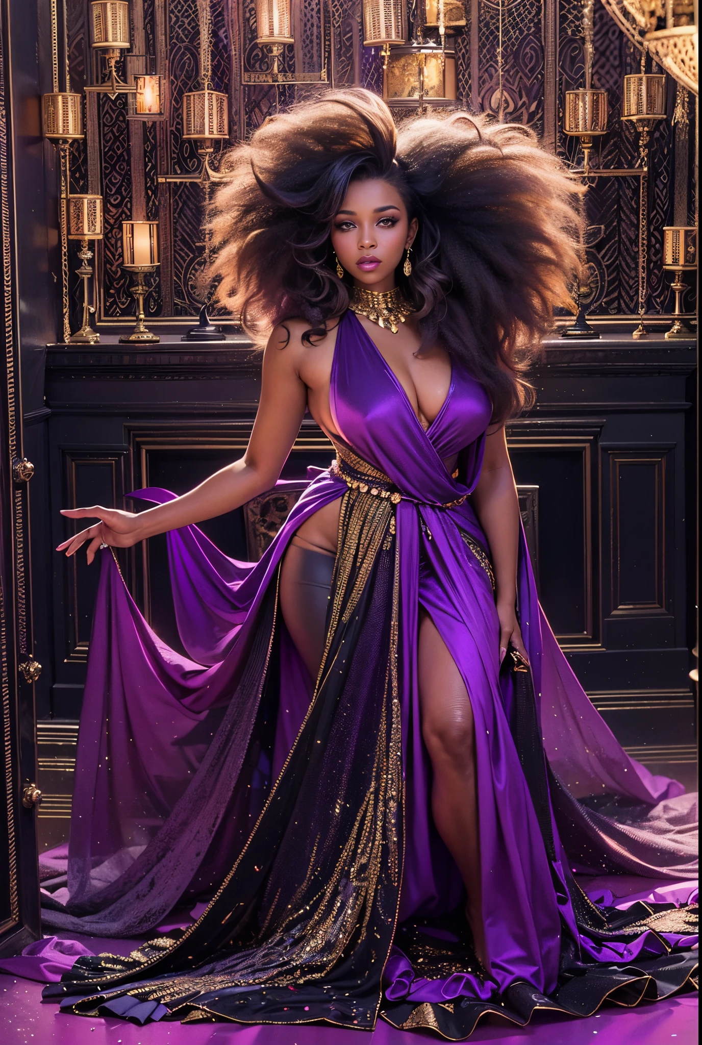 a black woman in a purple, velvet dress, posing for a picture, draped in velvety purple, purple dress, draped in purple, light hues, gold glow, black aura, wearing a dress of velvety purple, glowing black aura, gorgeous woman, purple clothes, shining golden hour, bathed in light, big hair, full body pose