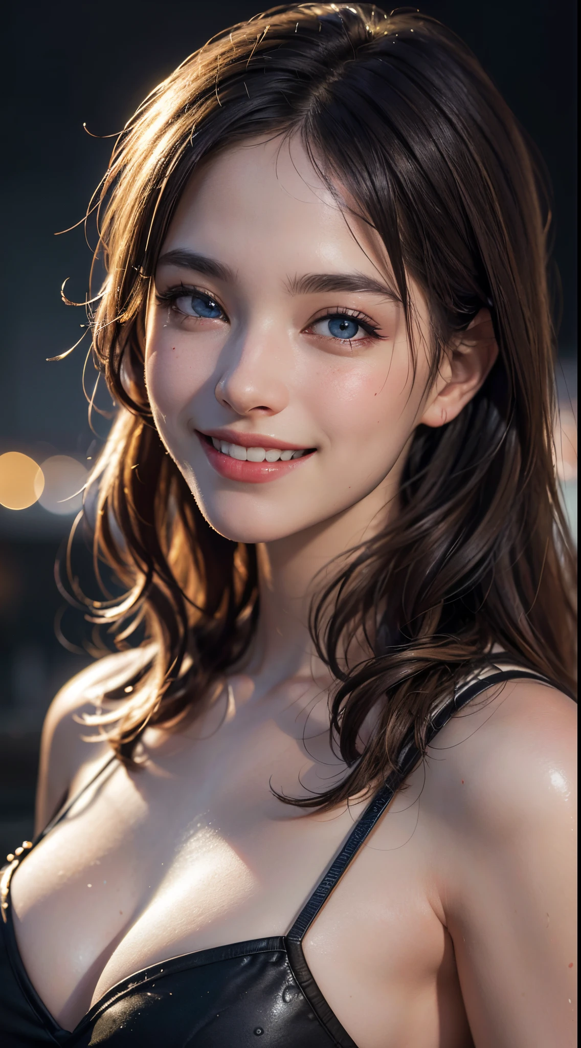 (best quality, 4k, 8k, high-res, masterpiece:1.2), ultra-detailed, (realistic, photorealistic, photo-realistic:1.37), (beautiful detailed eyes, beautiful detailed lips, extremely detailed eyes and face), (soft lighting:1.5), physically-based rendering, vivid colors, (big tits, super big tits, super extra big tits), (portrait, shiny hair, shiny skin), (night view, blurred background:1.37), (watery eye:1.2), (european face, smile and laugh:1.5),