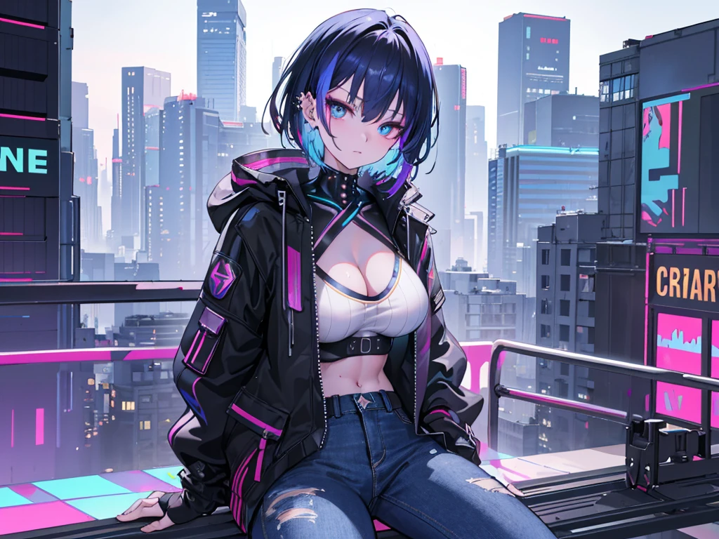 {{​masterpiece,Best Quality}}, top-quality, Delicate background,delicated face,Super delicate,Ultra-detailed CG Unity,8k wallpaper, lensflare, (colourfull:1.5),Back shot,Detailed beautiful eyes,a 20 yo woman,Bery short hair,sending hair,Cool Face,((Black and blue hair)),glowing green and purple eyes,abdominals,Big piercings,Overjacket,damage jeans,cyberpunked,a hologram,Neon lights flying around,nighttime scene,Perfect human body structure,On top of the building,Sit on the steel frame,stare at the building,Shining Buildings,Cyberpunk City,From  above,from distance,