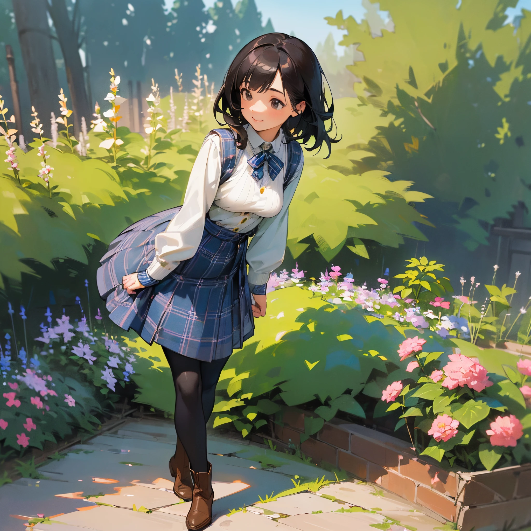 (High quality, High resolution, Ultra-detailed, Realistic:1.37), peaceful ambiance, (plein air, garden), Teenage girl standing alone, (My breasts are big.), Beautiful detailed features, Cute smile, (Black bob hair), Rib Sweater, blue plaid skirt, Black tights, Brown boots.