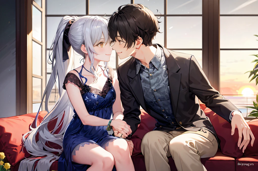 1 brown-eyed boy with short black hair in full spring suit and 1 silver wavy curly hair and messy ponytail Tall yellow eyes squirming girl in spring dress Juliet long smile smiling, (Boy with girl smiling), (Boy with girl smiling and loviling)