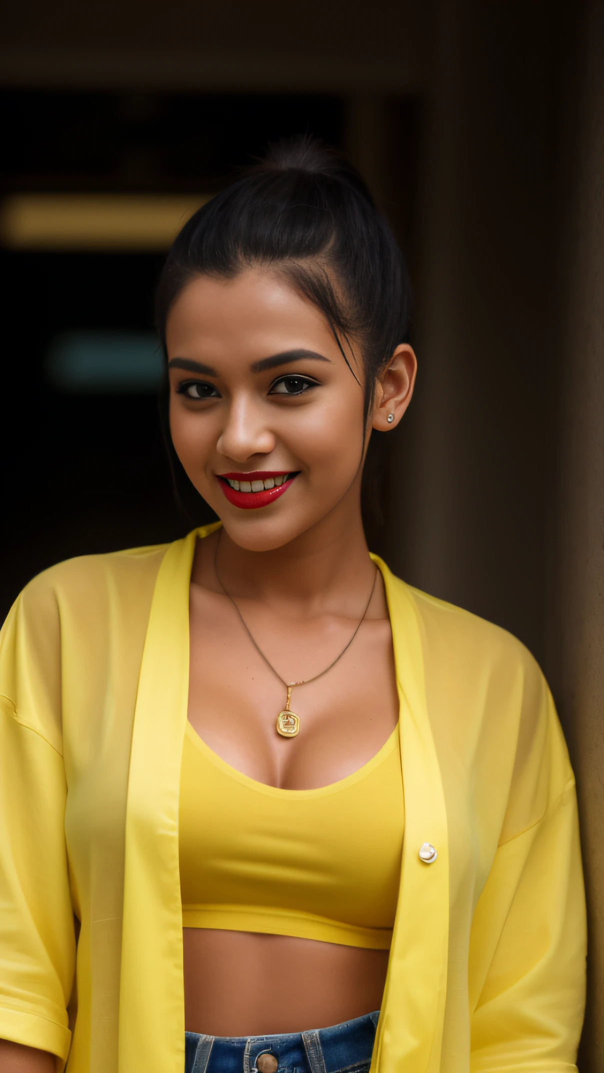 Day scene, close up photo of an indan  from top view, posing under rain, wearing yellow black tshirt and jeans,hollywood red lips, perfect figure wet navel, , ponytail, necklace, look at viewer and smile, (cinematic:1.3), intricate details, (ArtStation:1.2)