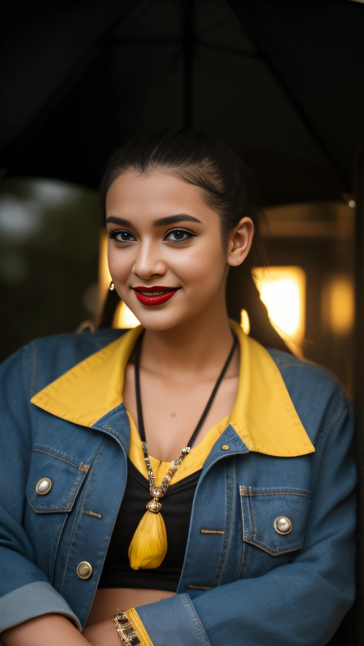 Day scene, close up photo of an indan from top view, posing under rain, wearing yellow black tshirt and jeans,hollywood red lips, perfect figure wet navel, , ponytail, necklace, look at viewer and smile, (cinematic:1.3), intricate details, (ArtStation:1.2)