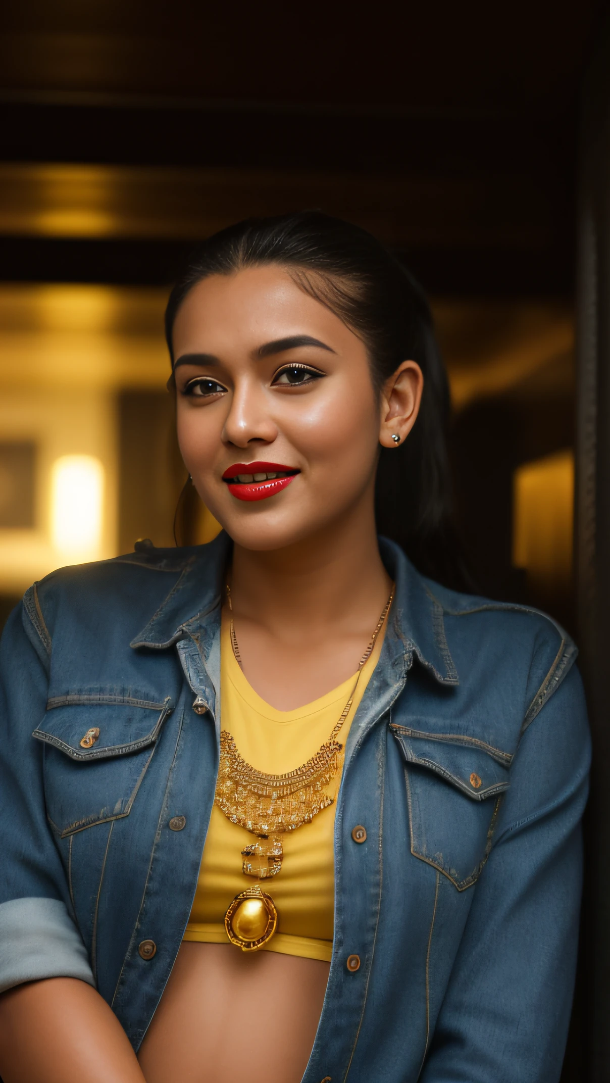 Day scene, close up photo of an indan from top view, posing under rain, wearing yellow black tshirt and jeans,hollywood red lips, perfect figure wet navel, , ponytail, necklace, look at viewer and smile, (cinematic:1.3), intricate details, (ArtStation:1.2)