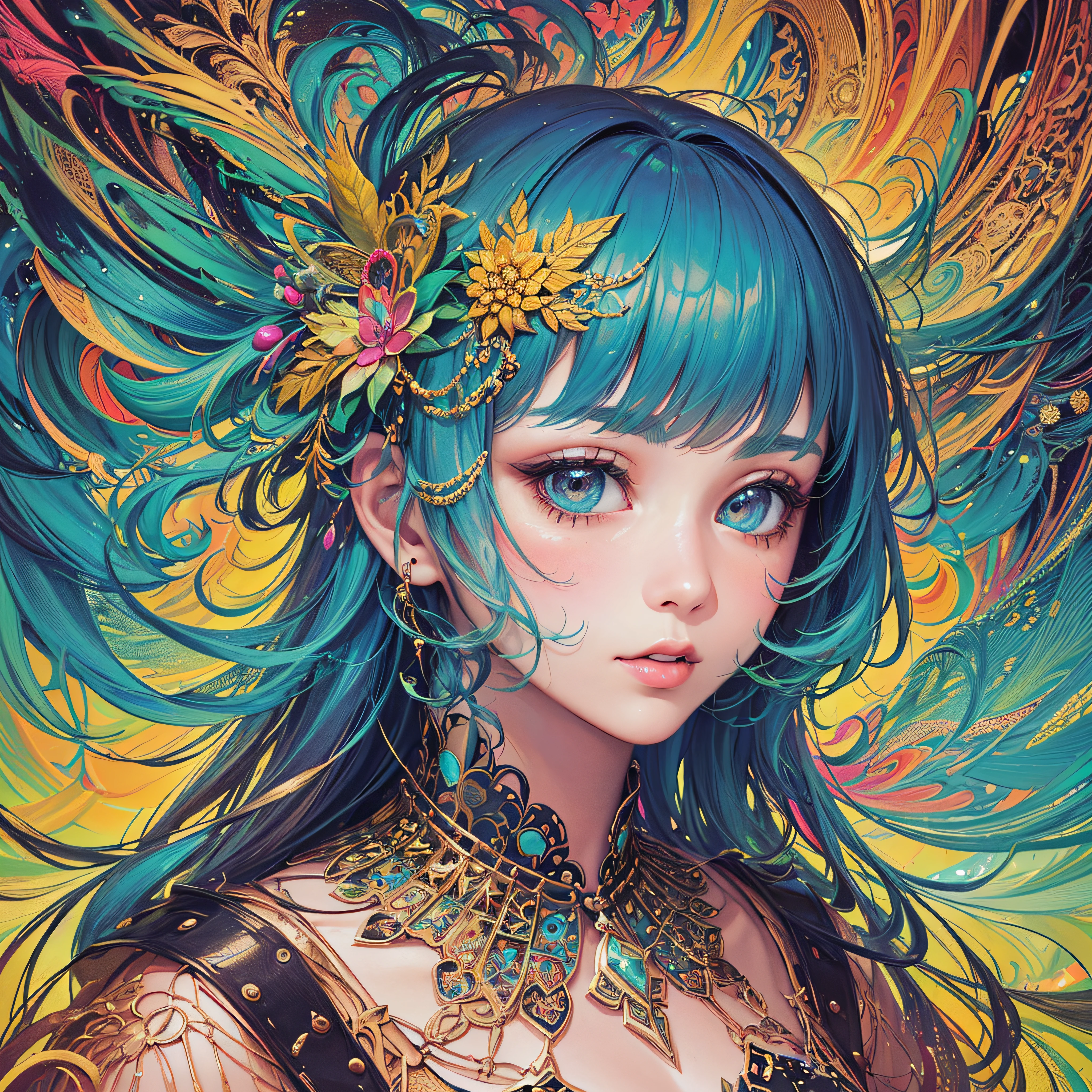 (masterpiece、top-quality、top-quality、Official Art、Beautifully Aesthetic:1.2)、Highly detailed fractal art、(colourfull:1.5)、highest details、Zentangle、a closeup、 (1girl in:1.5), 独奏, (dynamicposes), (abstract background:1.5), (shinny skin),