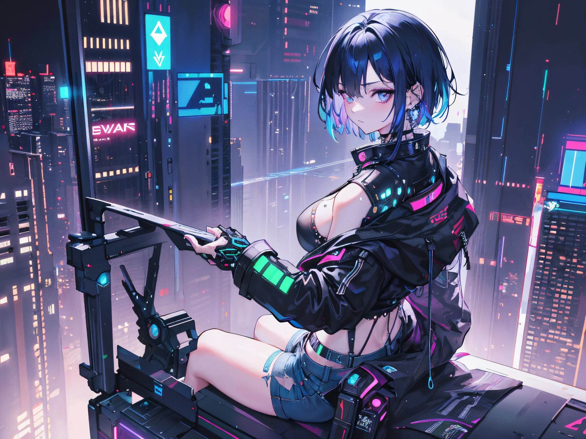 pop culture art,oilpainting,manga,adult Female NSFW Cyborg,Side shot,MILF,erotic pose,fantasy,hentai,cute,stylish,,Big breasts, pubic hair,Glamour,psychedelic costume,armored,cyberpunk dystopian girl,fantasy dystopia,Dystopian landscape,blade runner,ghost in the shell,realistic,Psychedelic and colorful tones,take a pose,armsを構えて,gun,arms,table top,ultimate details,8K,detailed background