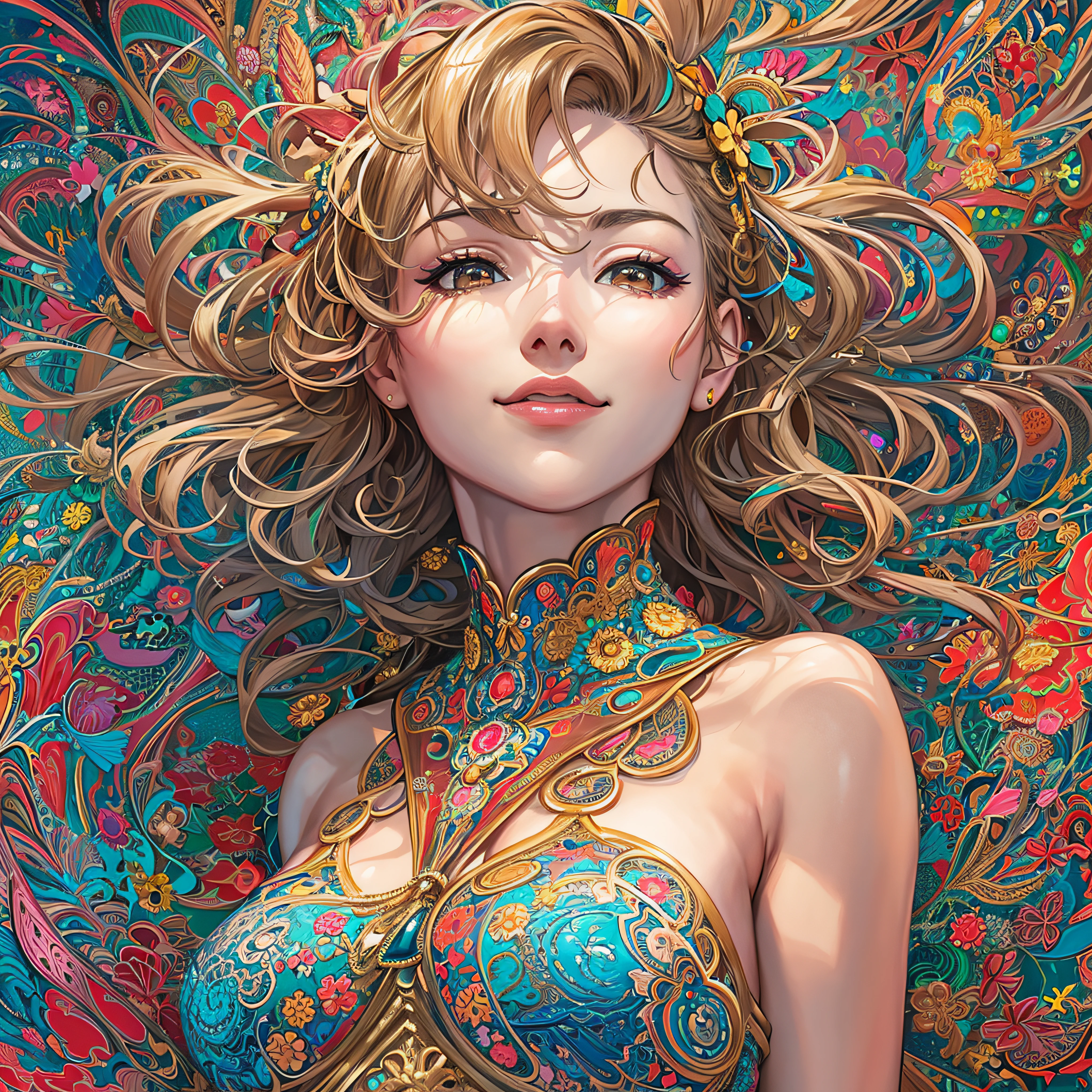 (masutepiece, of the highest quality, Best Quality, Official art, Beautiful and aesthetic:1.2), (1girl in:1.3), Extremely detailed,(Fractal Art:1.2),Colorful,highest details,(Zentangle:1.2), (Dynamic Pose), (Abstract background:1.5), (Congressional Dresses:1.2), (Shiny skin), (Many colors:1.4), Upper body, Thin gauze, Off-the-shoulder, blooming flower field, Glowing skin, lightsmile, Camel toe, Sexy, Bust, nakeness,From below,Ass Up wAIT