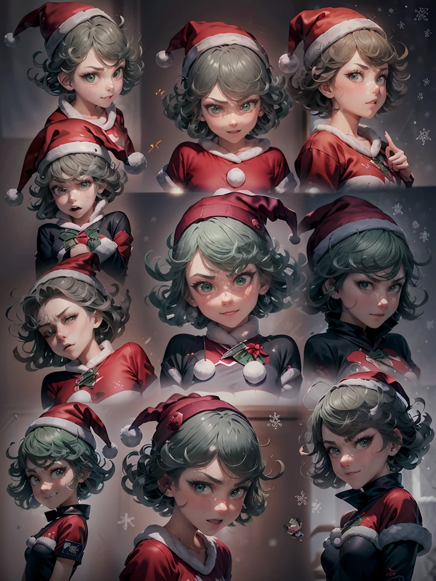 (master piece: 1.1), (tatsumaki), chibi, multiples, 9 emojis, 9 poses and expressions, (multiple poses and expressions), detailed face, detailed green eyes, green hair, short hair, dress, shy, anime character, (happy, smiling, angry, scared, big laugher), (christmas costumes), christmas clothes, (wearing red hat on his head), (simple gray background)