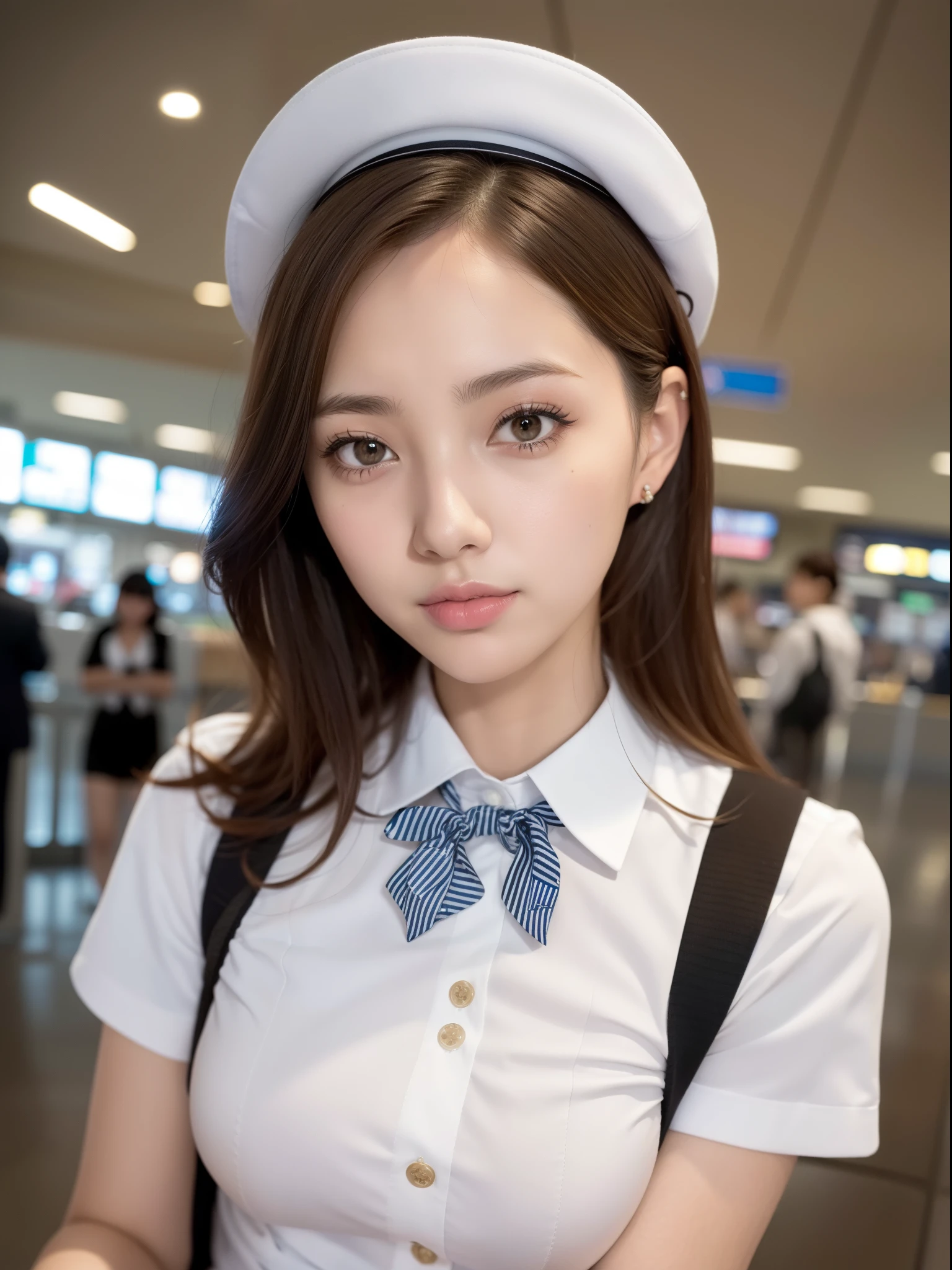 ((of the highest quality, 8K, masutepiece: 1.3, Raw photo)), Sharp Focus: 1.2, (1 AESPA Girl :1.1), Solo, (Realistic, Photorealistic: 1.37), (Face Focus: 1.1), Cute face, hyperdetailed face, (short messy hair), (updo: 1.2), Small breasts, flat chest, nude, (flight attendant uniform: 1.2), Meticulous beautiful flight attendant outfit, Thigh, airport, terminal, Restricted cap