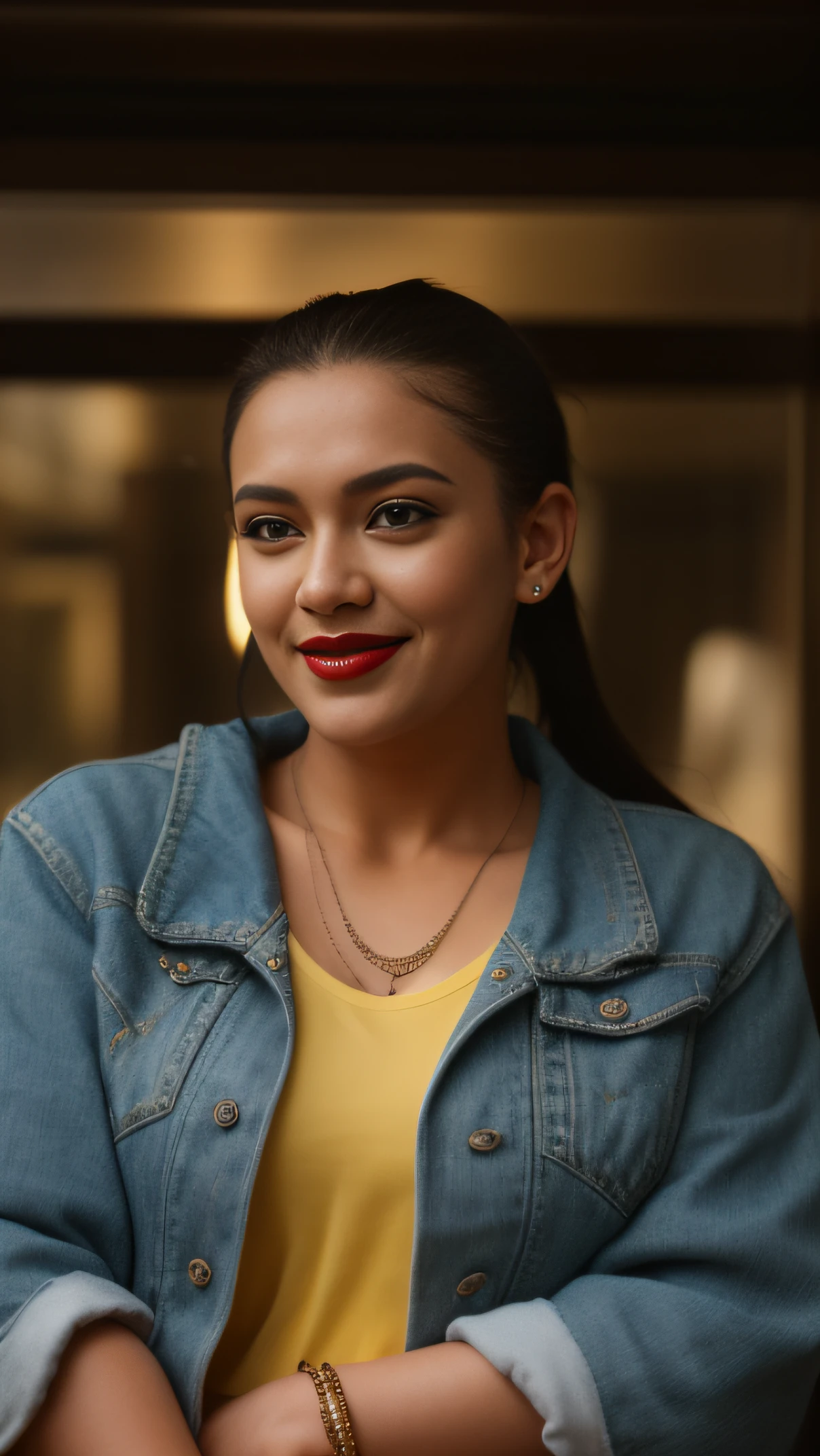 Day scene, close up photo of an indan from top view, posing under rain, wearing yellow black tshirt and jeans,hollywood red lips, perfect figure wet navel, , ponytail, necklace, look at viewer and smile, (cinematic:1.3), intricate details, (ArtStation:1.2)