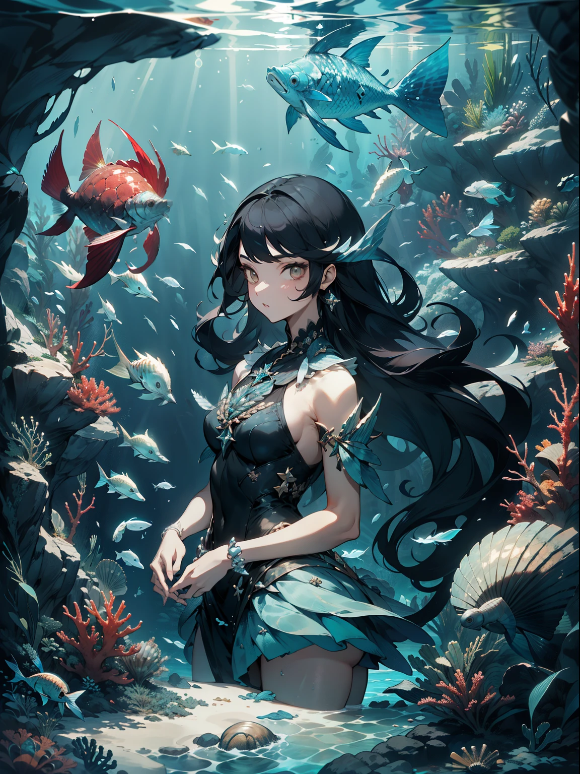 A girl with long black hair，Underwater world，Conservative outfit，Sunlit seabed，fish flocks，The corals，jewely，sea shell，