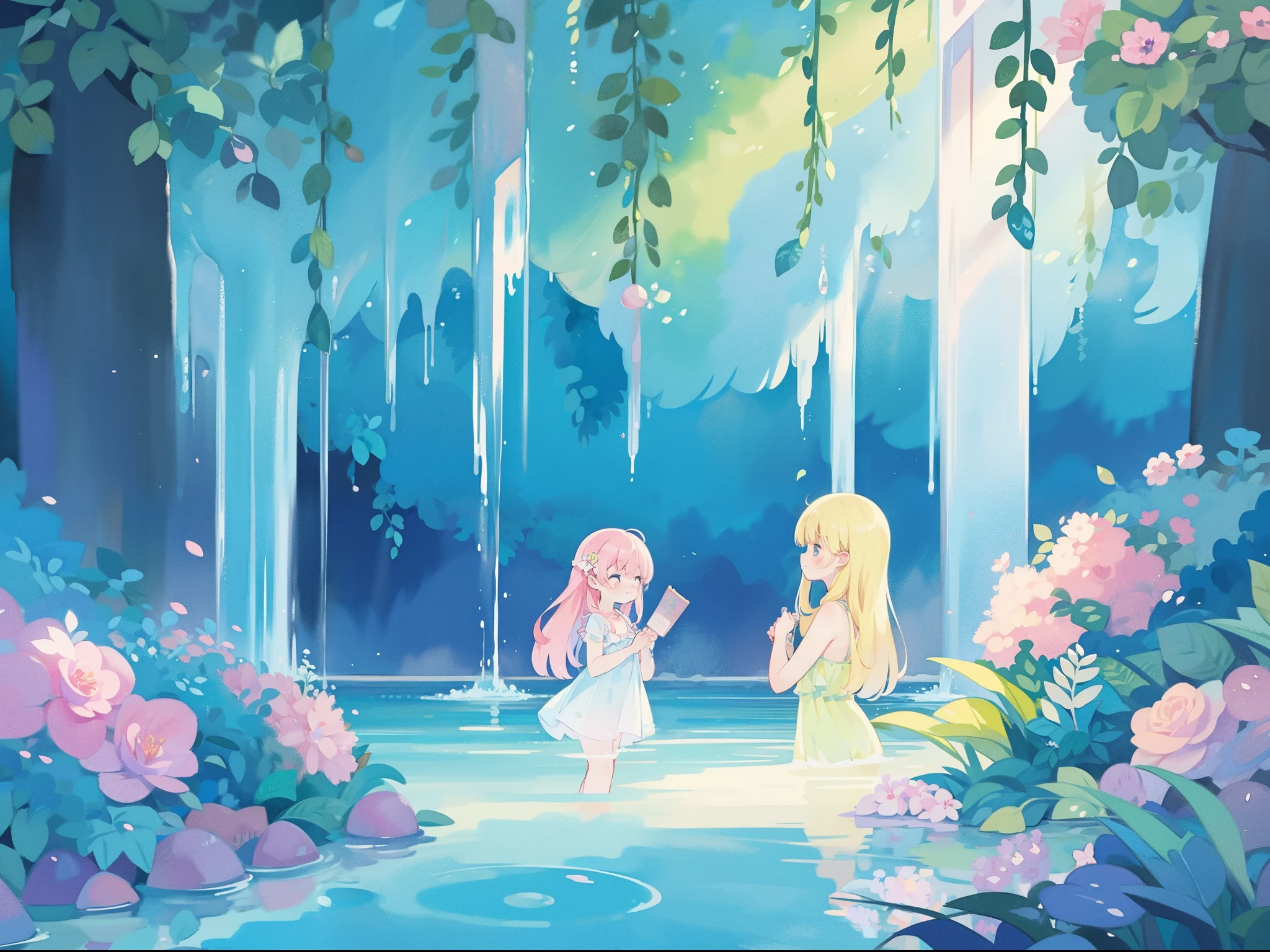 watercolor illustration, vibrant pastel colors, dreamy, colorful, whimsical, magical, masterpiece, best quality, sharp focus, intricately detailed environment, fine detail, 8k resolution, waterfall lagoon, (magical lagoon), (waterfall, lake), beautiful, golden ratio, perfect composition, perfect