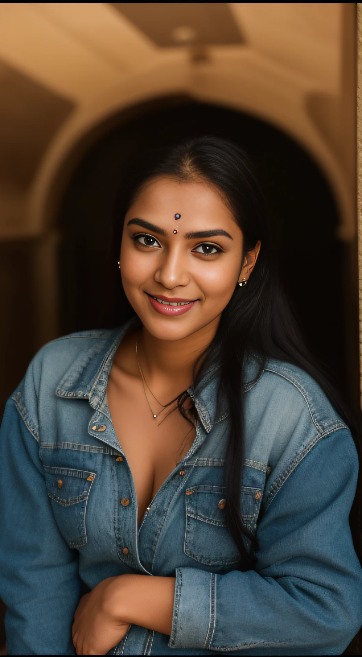 Day scene, close up photo of a indian from top view, posing under big tree, (wearing black tshirt and jeans) , look at viewer and smile, (cinematic:1.3), intricate details, (ArtStation:1.2)