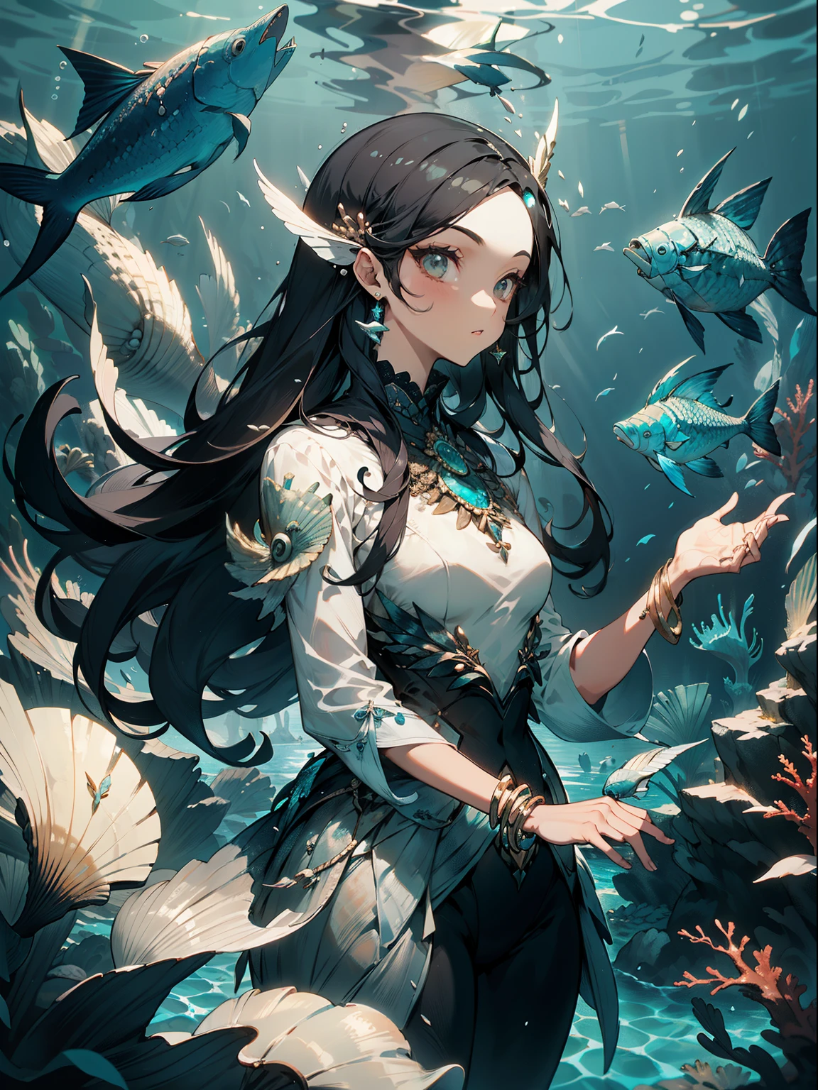 A girl with long black hair，Underwater world，Conservative outfit，Sunlit seabed，fish flocks，The corals，jewely，sea shell，