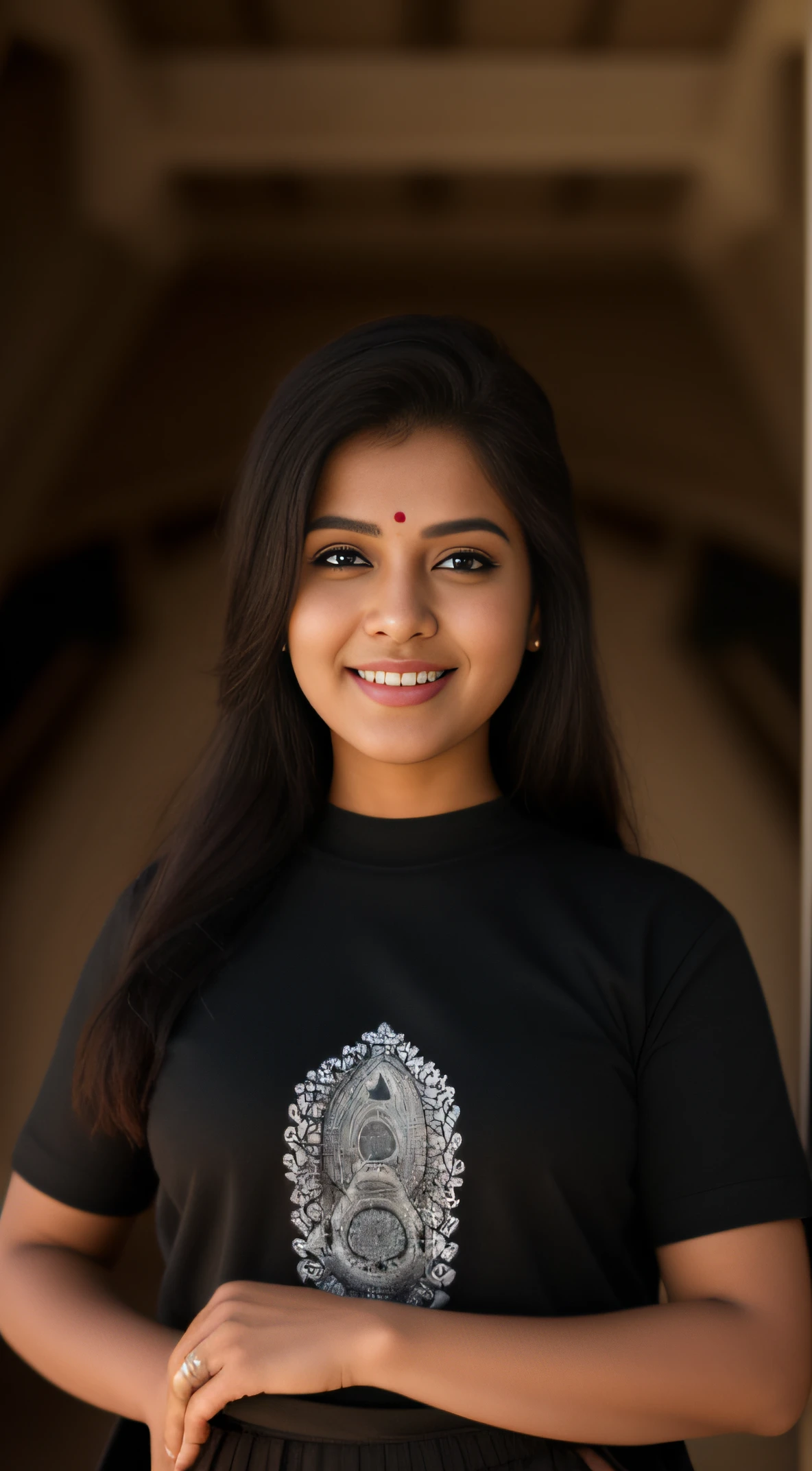 Day scene, close up photo of a indian from top view, posing under big tree, (wearing black tshirt and skirt) , look at viewer and smile, (cinematic:1.3), intricate details, (ArtStation:1.2)
