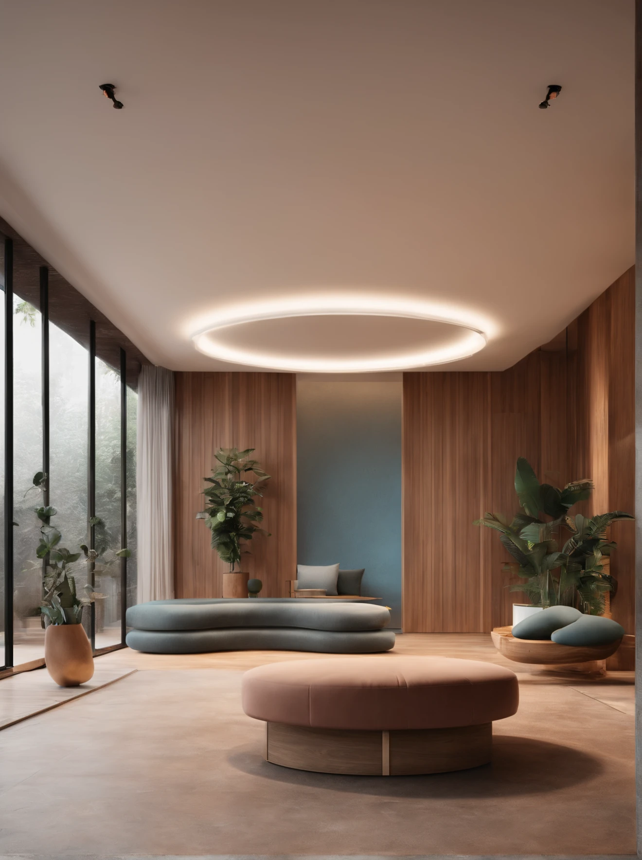 Art space,Suspended ceiling concrete,The wall curves smoothly,Wooden atmosphere,There are fitness equipment