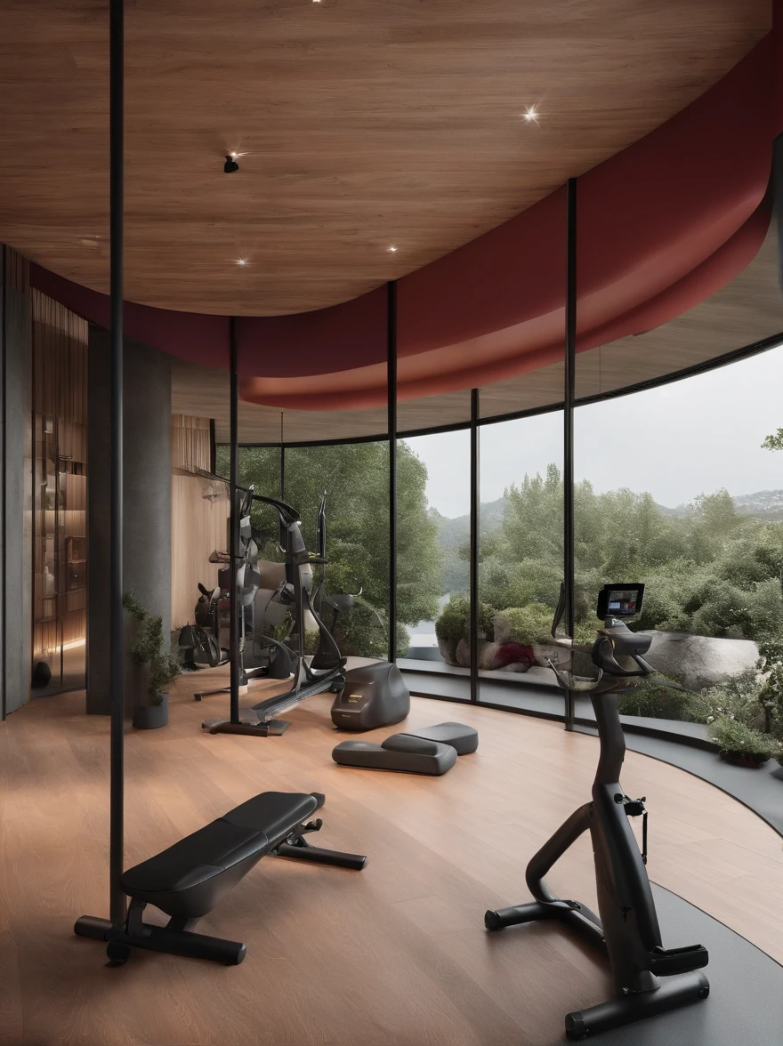 Art space，Suspended ceiling concrete，The wall curves smoothly，Wooden atmosphere，There are fitness equipment