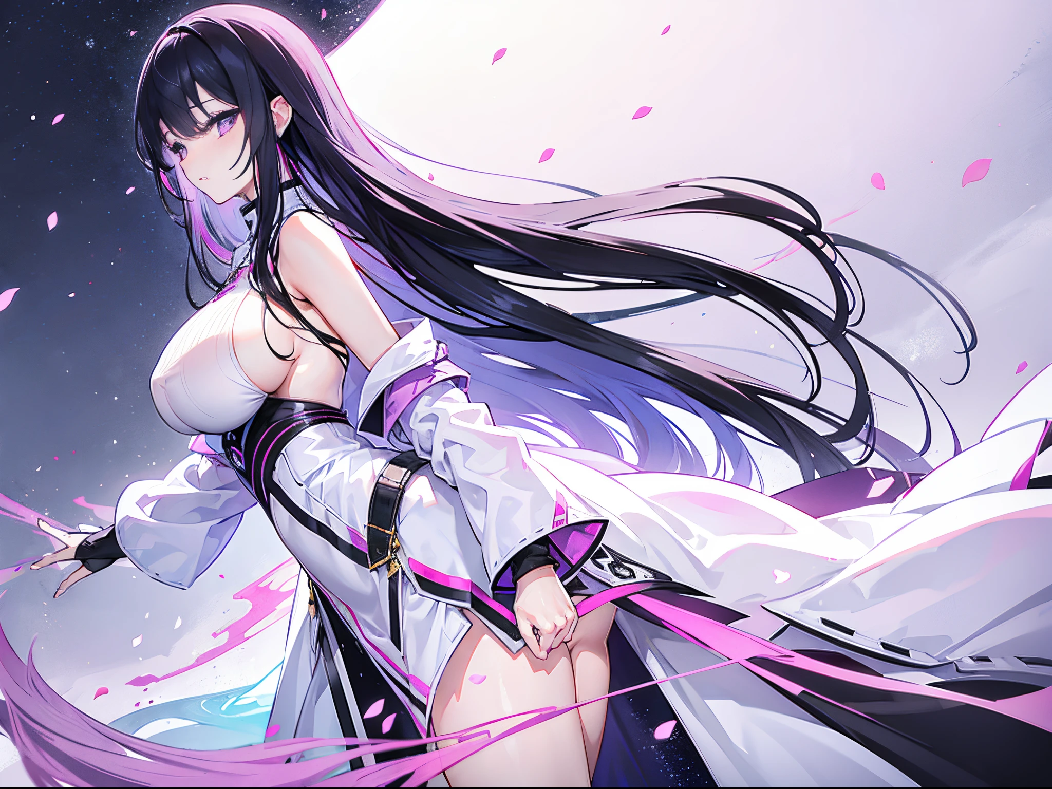 Woman with long black and pink hair and light purple eyes.white winter outfit...... Slim profile, Fair-skinned, large boobs,. He blushed slightly.............Looking with satisfaction.......