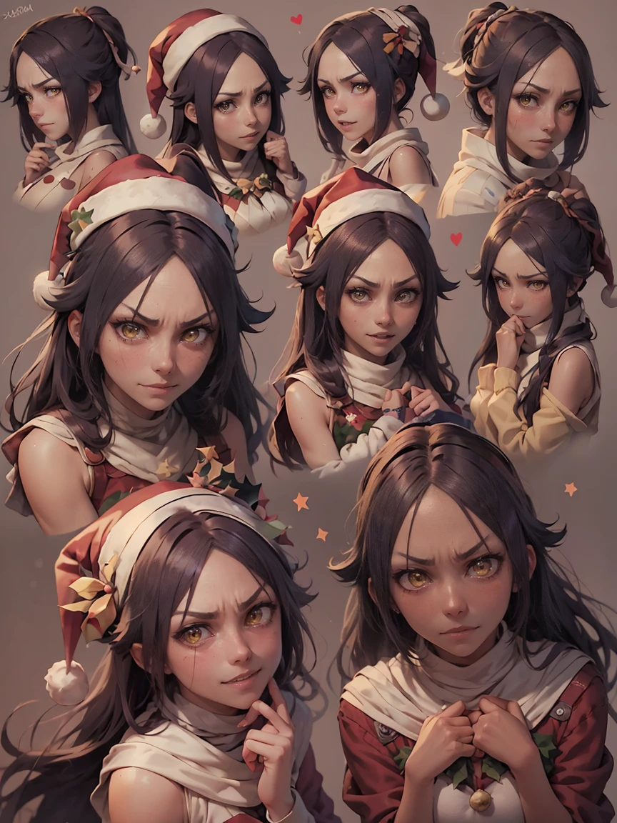 (master piece: 1.1), (shihouin yoruichi), chibi, multiples, 9 emojis, 9 poses and expressions, (multiple expressions), high detailed face, (detailed yellow eyes), dark skin, tanned skin, honey eyes, purple hair, long hair, shy, anime style, (happy, smiling, angry, embarassed, irate), (christmas costumes), (christmas costumes), christmas clothes, (wearing santa hat), (simple gray background)