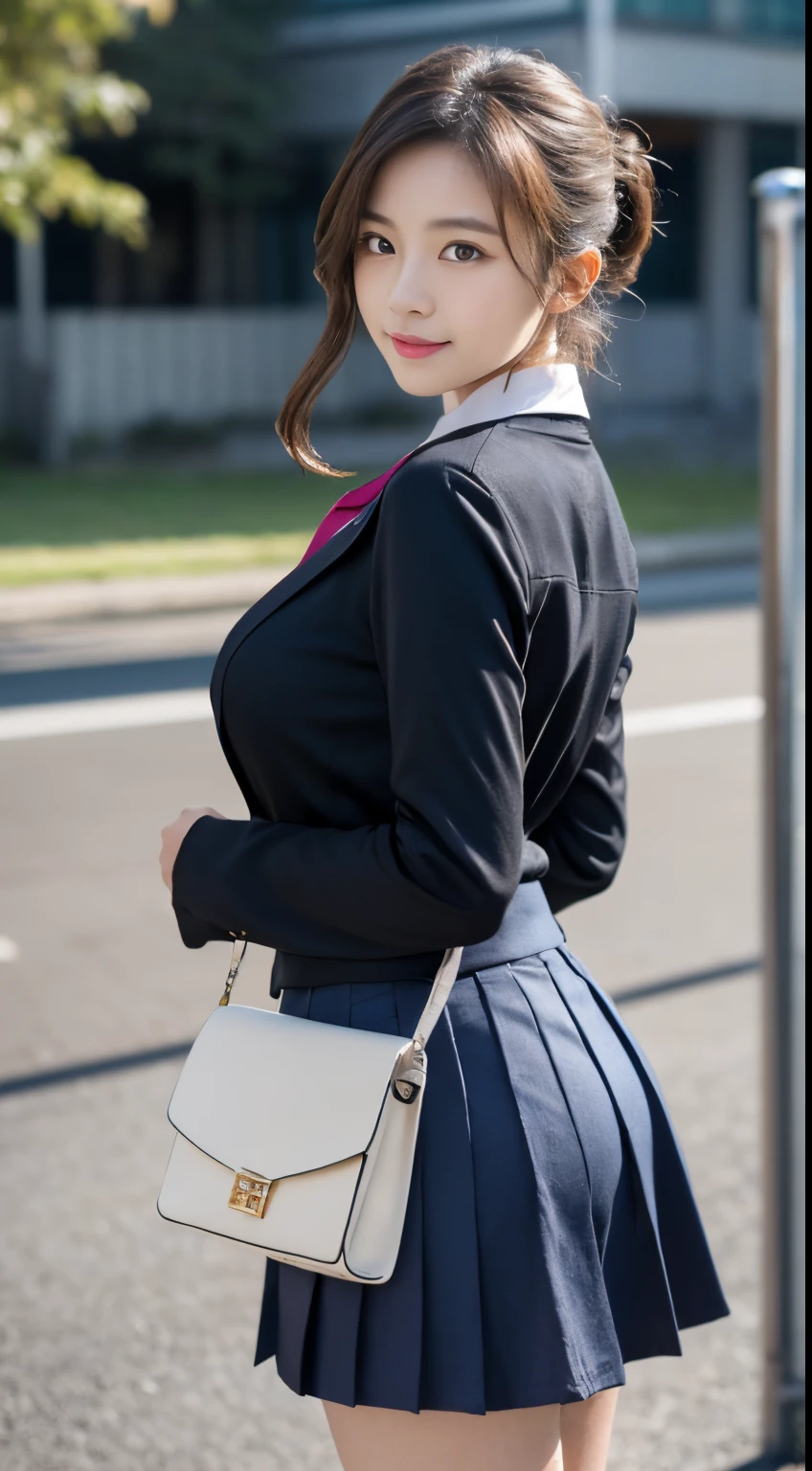 (16 K, Raw photography, Top image quality, masterpiece: 1.45), (realisitic, Photorealsitic: 1.37), Tall Girl, cute little, A city scape,, profetional lighting, photon maping, school classrooms, physically-based renderingt, dark brown hair,pony tail hairstyle, Well-groomed and beautiful eyes、((二重まぶた))、Transcendent Cute Girl, (((student clothes、blazers、Long sleeve shirt worn by Japan high school girl、Ribbon Ties、Dark blue mini skirt,、Dark blue socks、Black loafers))), Top Quality Photos, hight resolution, 1080p, (clearface), (Detailed face description), (Detailed hand description), (masterpiece), (Exquisite CG)、extreme light and shadows、dishevled hair、master work、abundant detail、(Fine facial features)、(top quality photo)、(masuter piece)、(A detailed eye)、Look in front of you、Fine clavicle、((Slender big))、(((Japan schoolgirls wear jackets and long-sleeved shirts)))、((Neat and clean idol))、((School Gate、school ground、School building in the background))、(Shooting from random perspectives)、(((cute like an idol)))、耳Nipple Ring、A smile、Drawing the whole body from the knees、Do not draw nasolabial folds、(((Sports bags used by Japan schoolgirls)))、(Big breasts that hang down big:1.2)、Big buttocks with tension、Two arms and two legs、(((from the front side:0.7)))、bare hand、(((Left and right symmetrical eyes)))、Standing Pose、Do not take the tie out of the jacket、Raise your buttocks:1.5,barebacked:1.5,