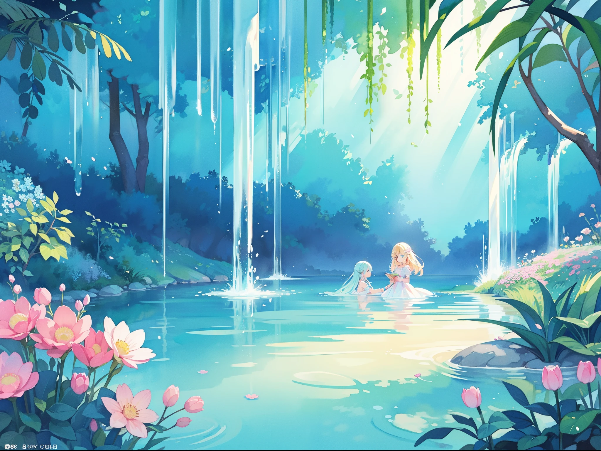 picture book illustration, watercolor storybook illustration, vibrant pastel colors, dreamy, colorful, whimsical, magical, masterpiece, best quality, sharp focus, intricately detailed environment, fine detail, 8k resolution, waterfall lagoon, (magical lagoon), (waterfall, lake), beautiful, golden ratio, perfect composition, perfect