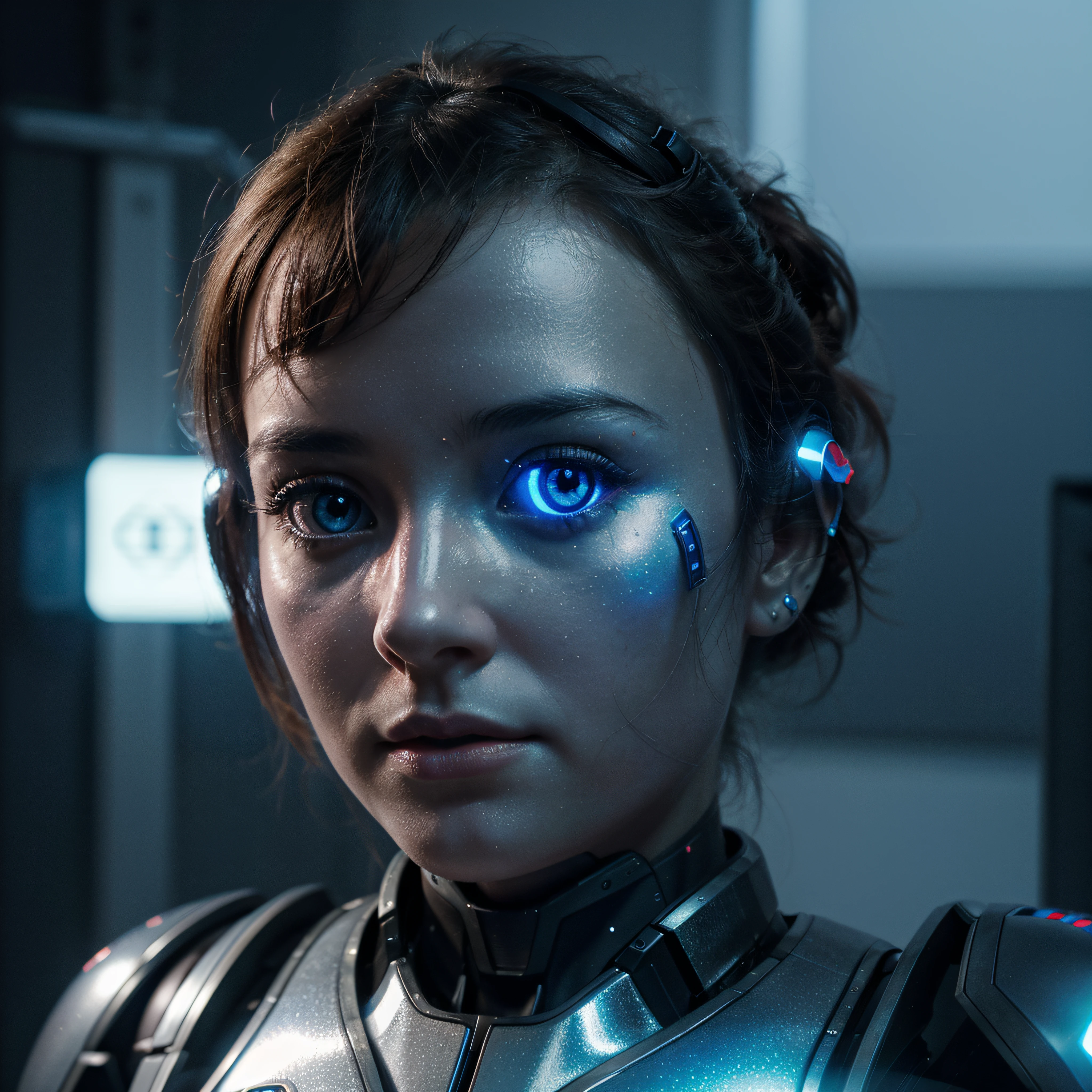(best quality,highres:1.2),ultra-detailed,(realistic,photorealistic:1.37),mechanical,thoughtful robot,metallic materials,complex circuitry,resembling a human face,tiny glowing lights,advanced artificial intelligence,delicate,crafted design,reflective surface,shadows and highlights,artificially intelligent companion,pondering the mysteries of the universe,futuristic setting,hovering in mid-air,blue neon lights,emitting gentle hum,glowing red eyes