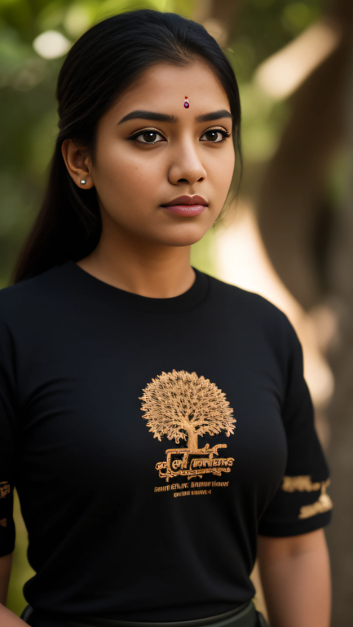 Day scene, close up photo of a indian from top view, posing under big tree, (wearing black tshirt and skirt) , look at viewer, (cinematic:1.3), intricate details, (ArtStation:1.2)