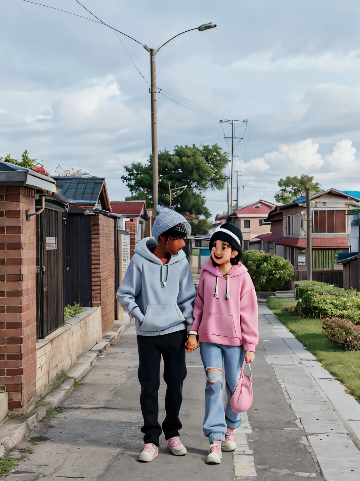 they are walking down the sidewalk together holding hands, wearing a pastel pink hoodie, boy wearing ash hoodie and black pants with white shoe , couple, wearing an oversized hoodie, walking, looking this way, photo shoot, vibrant aesthetic, 😭 🤮 💕 🎀, fai, lovely couple, p. j. n, photoshoot, 🤬 🤮 💕 🎀, sss, couple pose, nice weather