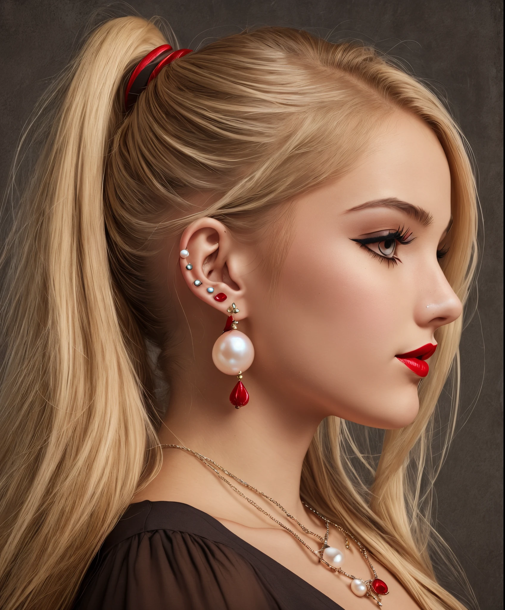 candlelight portrait of a 20 year old female, profile view, perfect skin, red lipstick, dirty blond hair, pony tail hair style, big ear rings, pearl necklace , heavy eye liner --auto --s2