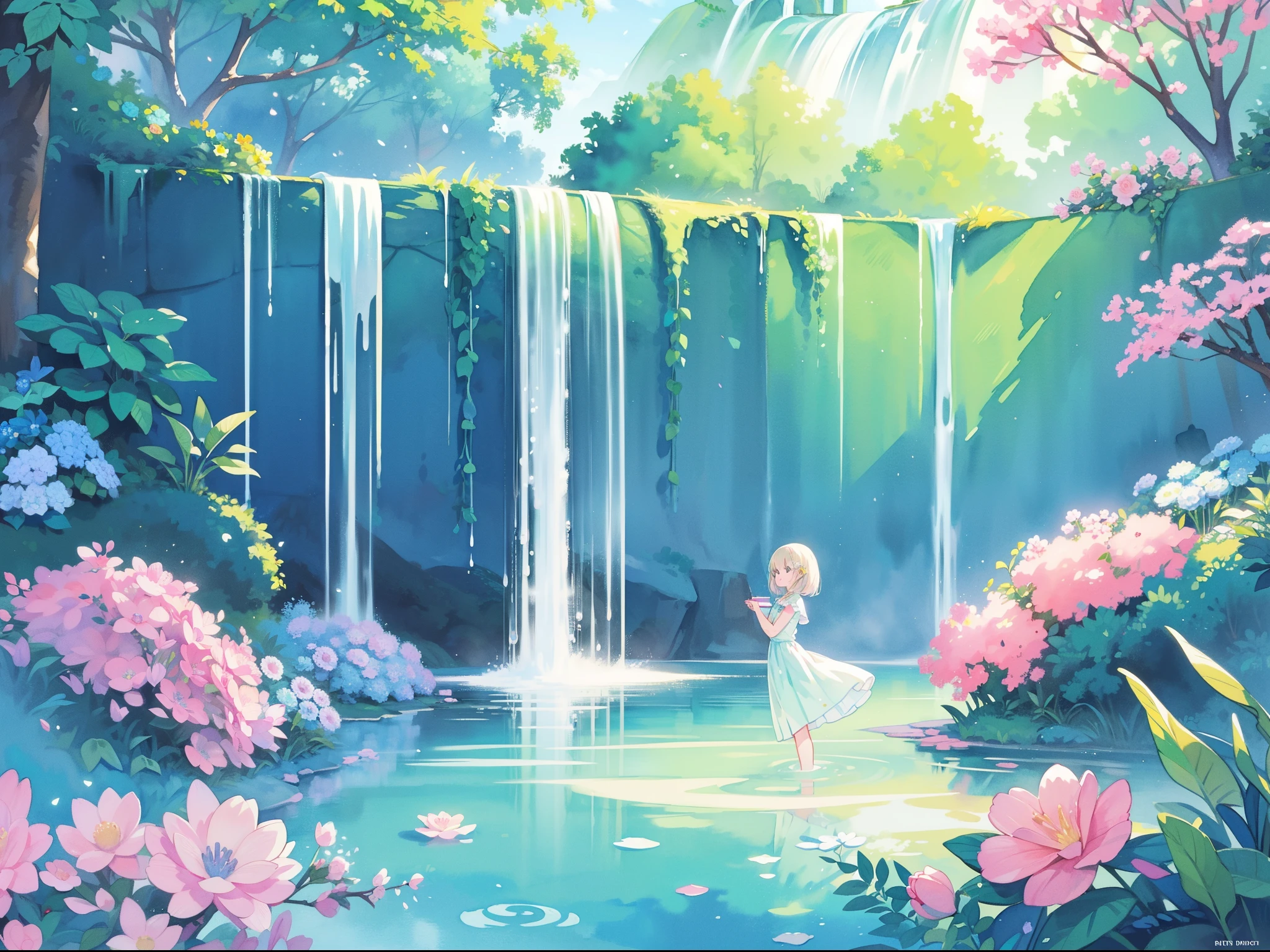 picture book illustration, watercolor storybook illustration, vibrant pastel colors, dreamy, colorful, whimsical, magical, masterpiece, best quality, sharp focus, intricately detailed environment, fine detail, 8k resolution, waterfall lagoon, (magical lagoon), (waterfall, lake), beautiful, golden ratio, perfect composition, perfect