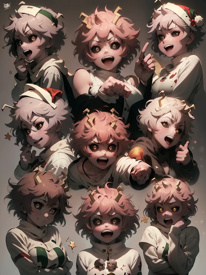 (master piece: 1.1), (mina ashido), chibi, multiples, 9 tables, ((multiple poses and expressions)), detailed face,  ((pink skin)), pink hair, black eyes, (yellow pupil), short hair, anime character, ((christmas costumes)), christmas clothes, (wearing santa hat), (simple gray background)