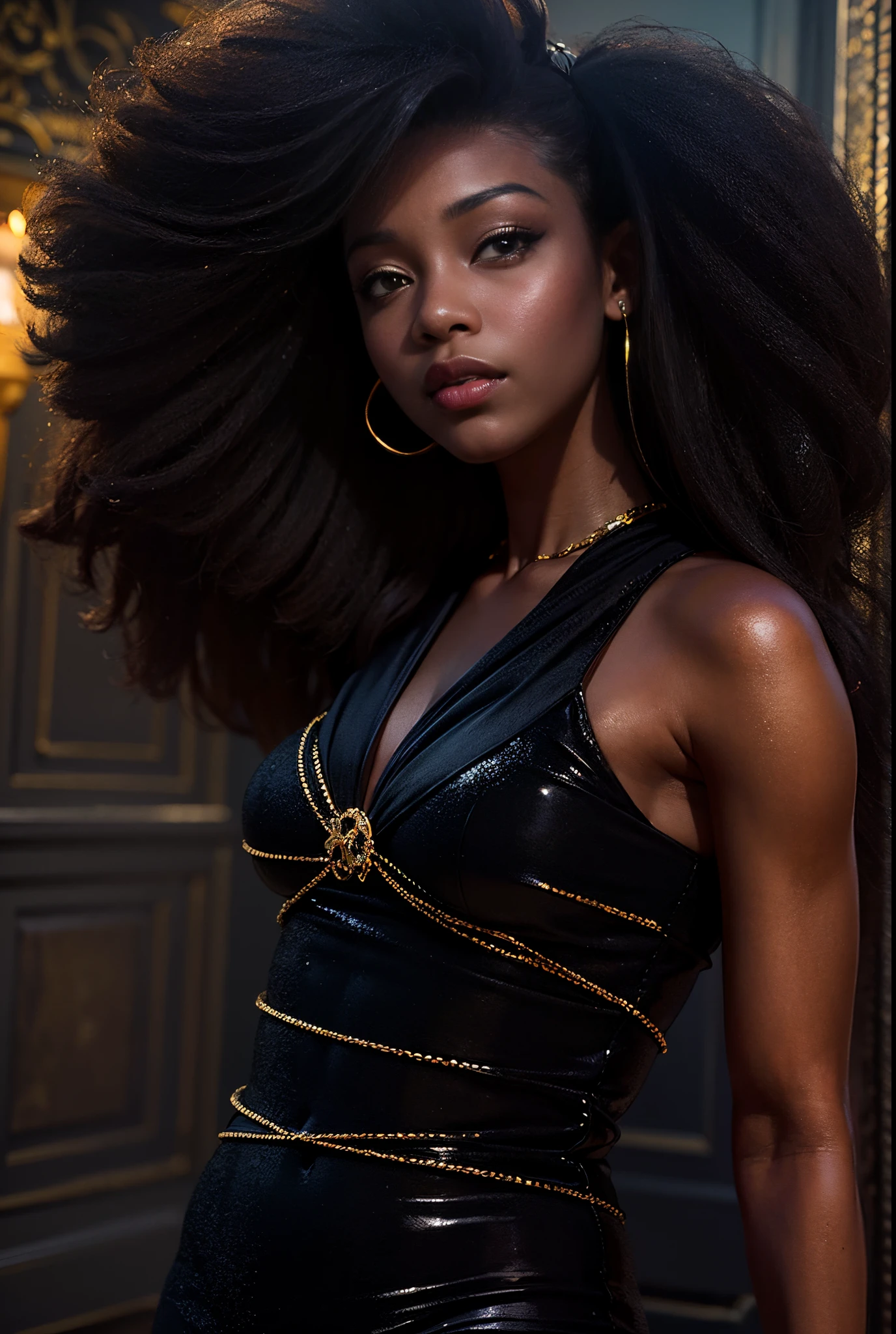 8k, RAW photo, best quality, ultra high resolution, (photorealistic), realistic photo of skinny ebony girl superstar, (skinny ebony girl, 20 years old, most beautiful ebony girl in the world, slim face, black hair, dreadlocks, dreadlocks hair), gala, red carpet event, oscar, paparazzi, cameras, bright light, (full body picture), (photo from the side), standing posing for picture, sexy pose, wearing long golden translucent dress (golden translucent dress), wearing earrings, (earrings), (looking at viewer), (smirking), (extremely detailed CG unity 8k wallpaper), Sharp focus, (bright light)