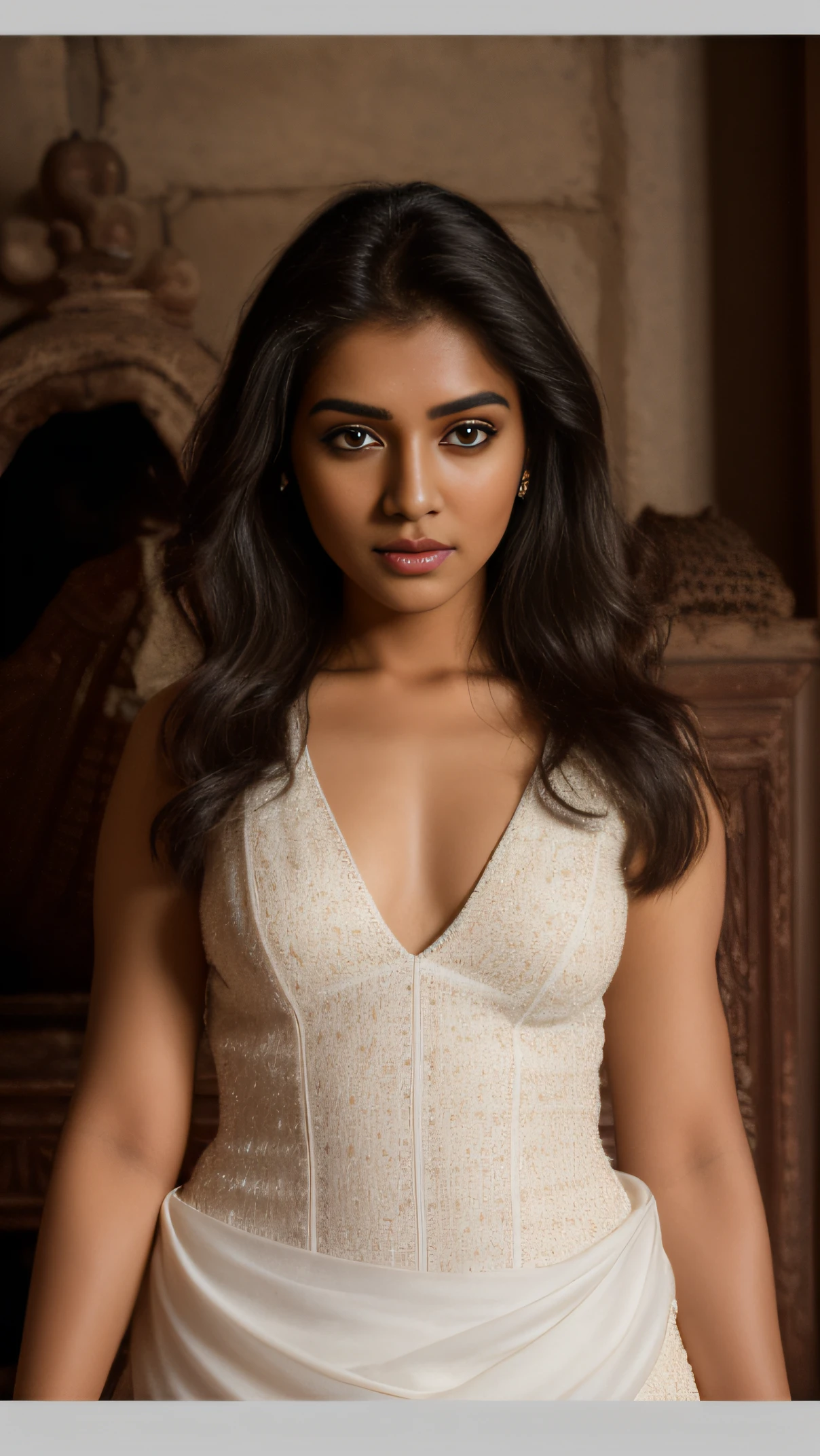 ((Closeup of An indian modelfilm grain, skin details, wearling white dress, high detailed skin texture, 8k hdr, dslr)), (Indian model with long loosely black hair),photography taken by sony DSLR, Hd image