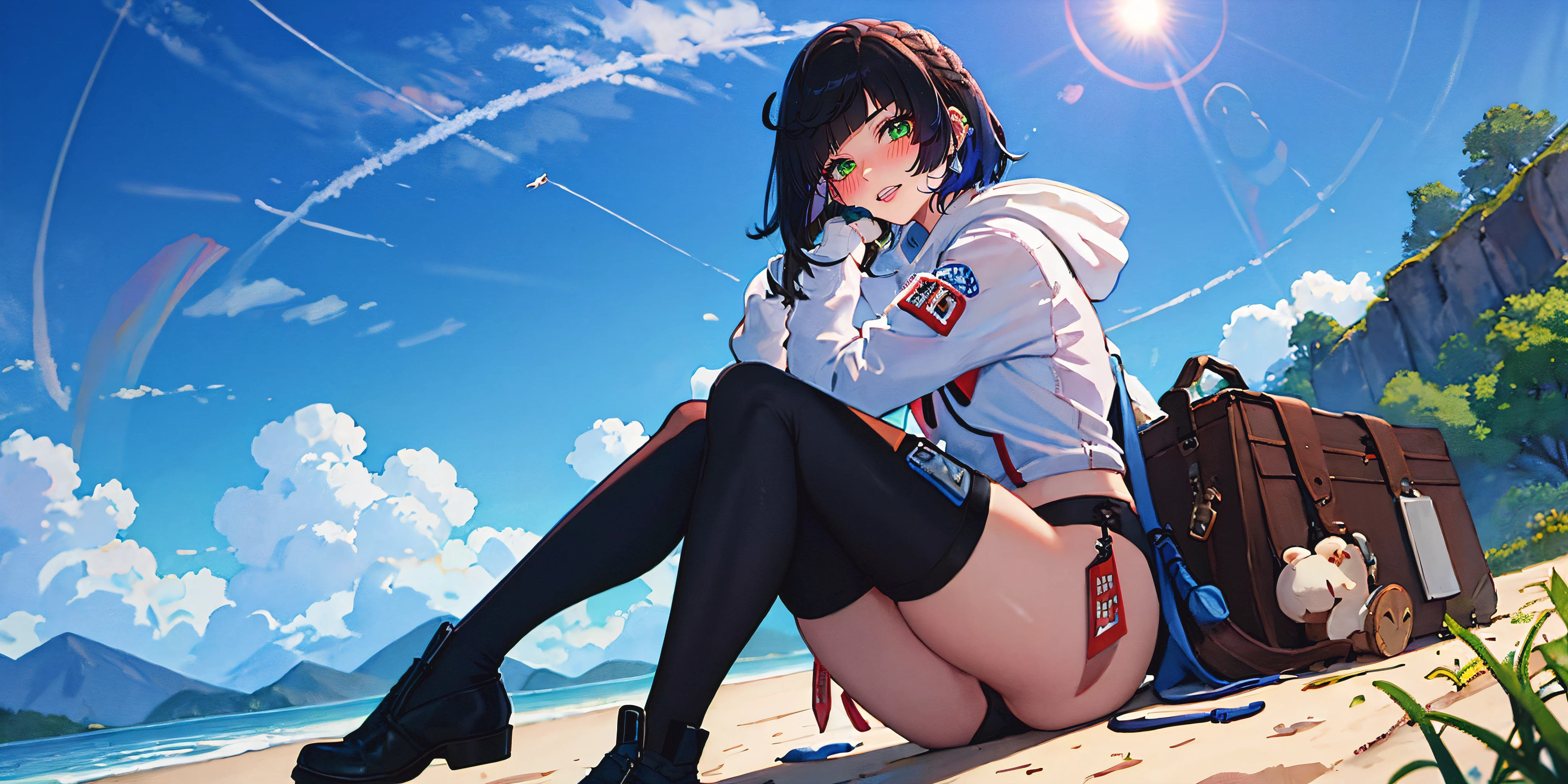(shaded face:1.2), hollow eyes, green eyes, looking at viewer, heavy breathing, embarrassed, clenched teeth, blush face, lips, black hair, short hair, multicolored hair, huge breasts, ropped hoodie, black bikini, long sleeves, a woman sitting on the ground with her legs crossed, a picture, inspired by Chen Yifei, trending on cg society, tight and cool shoes, avatar image, tifa, qichao wang, fog,