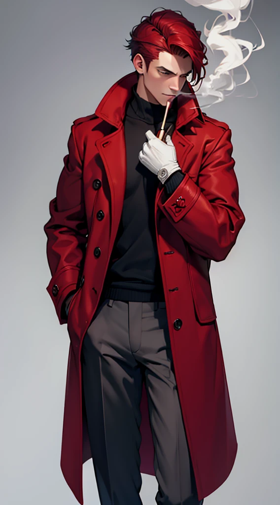Man in a red coat and with red gloves smoking his cigarette and with his hands in his pocket and on a gray background