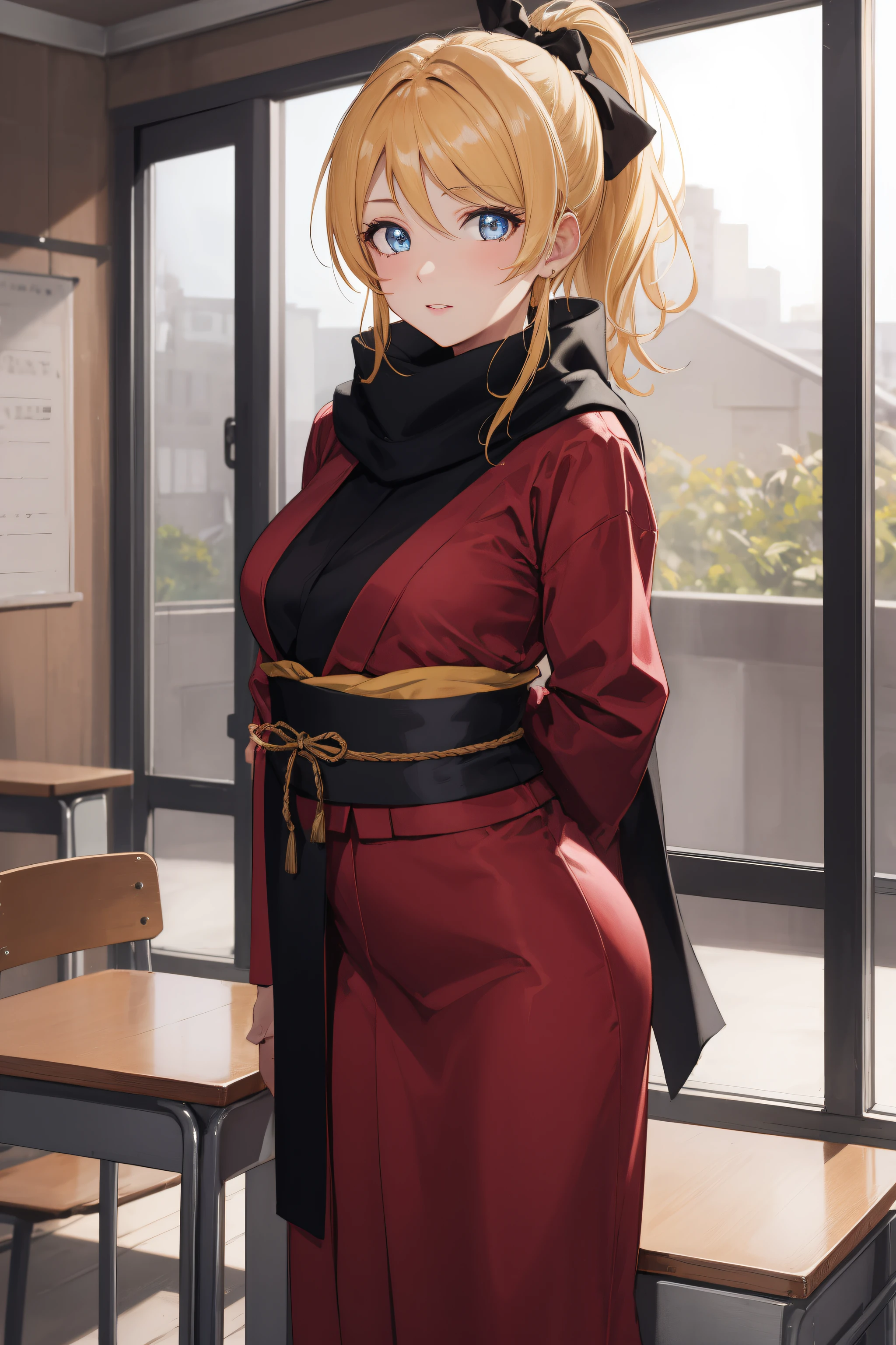 eliayase, eli ayase, yellow hair, blue eyes, ponytail, hair ribbon, medium breast,
BREAK black scarf, black bow, japanese clothes, kimono, sash, scarf,
BREAK looking at viewer,standing, leaning forward, (arms behind back:1.2),
BREAK indoors, classroom,
BREAK (masterpiece:1.2), best quality, high resolution, unity 8k wallpaper, (illustration:0.8), (beautiful detailed eyes:1.6), extremely detailed face, perfect lighting, extremely detailed CG, (perfect hands, perfect anatomy),