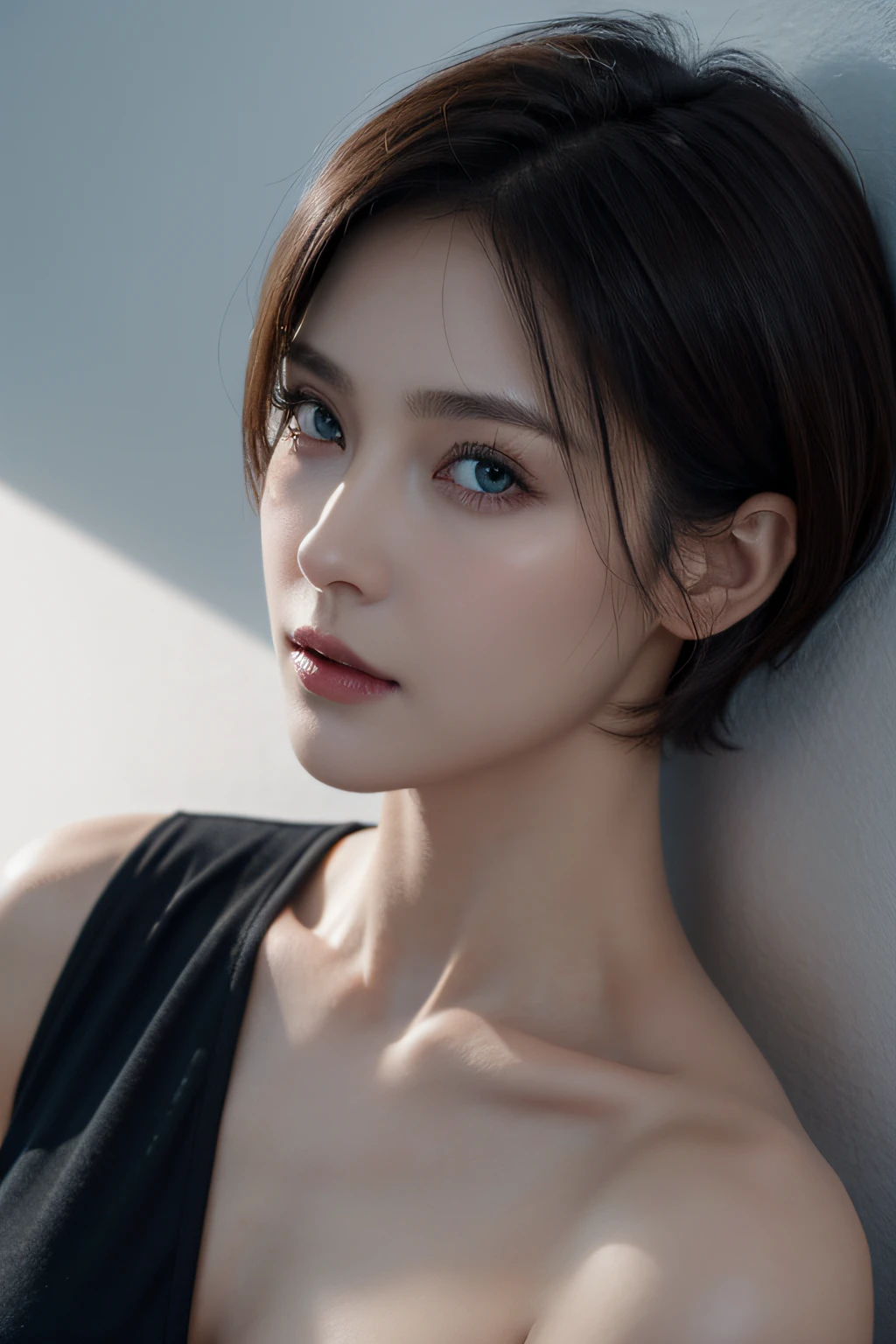 short hair, skintight black top:1.2, looking at viewer, r cinematic lighting, perfect, soft lights, high resolution skin:1.2, realistic skin texture, realistic face, lean girl, headphones:1.2, off shoulder, Exposed cleavage, blue Eyes,