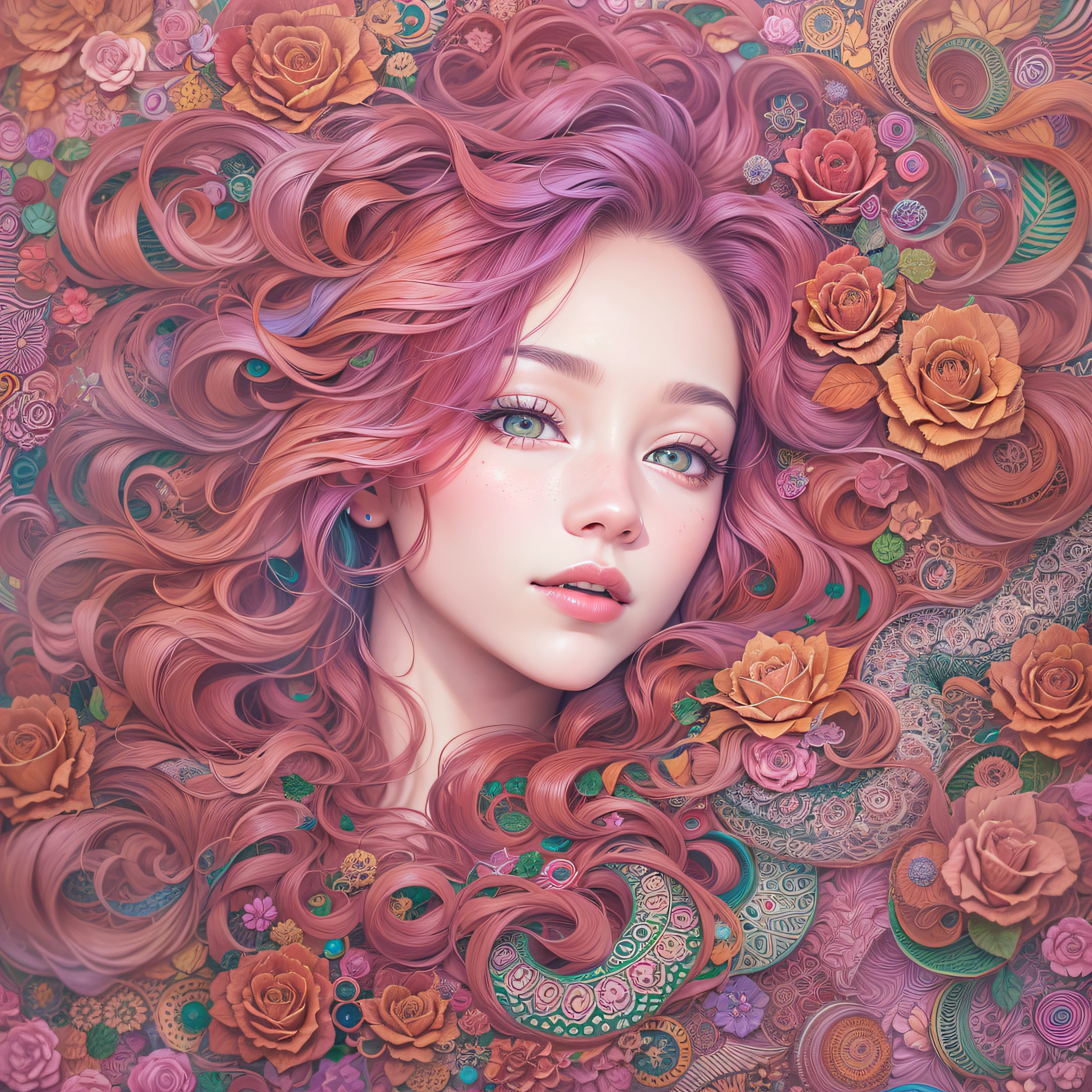 ((tmasterpiece:1.2, Best Quality)), Ultra-detailed, Ultra-precise imaging, Ultra high-definition images, (Zentangle:1.2), (dynamicposes), (Abstract background:1.5), Wavy long hair, rose hair, 1 Jisoo, colourfull, portrait of the, (From directly above:1.2)