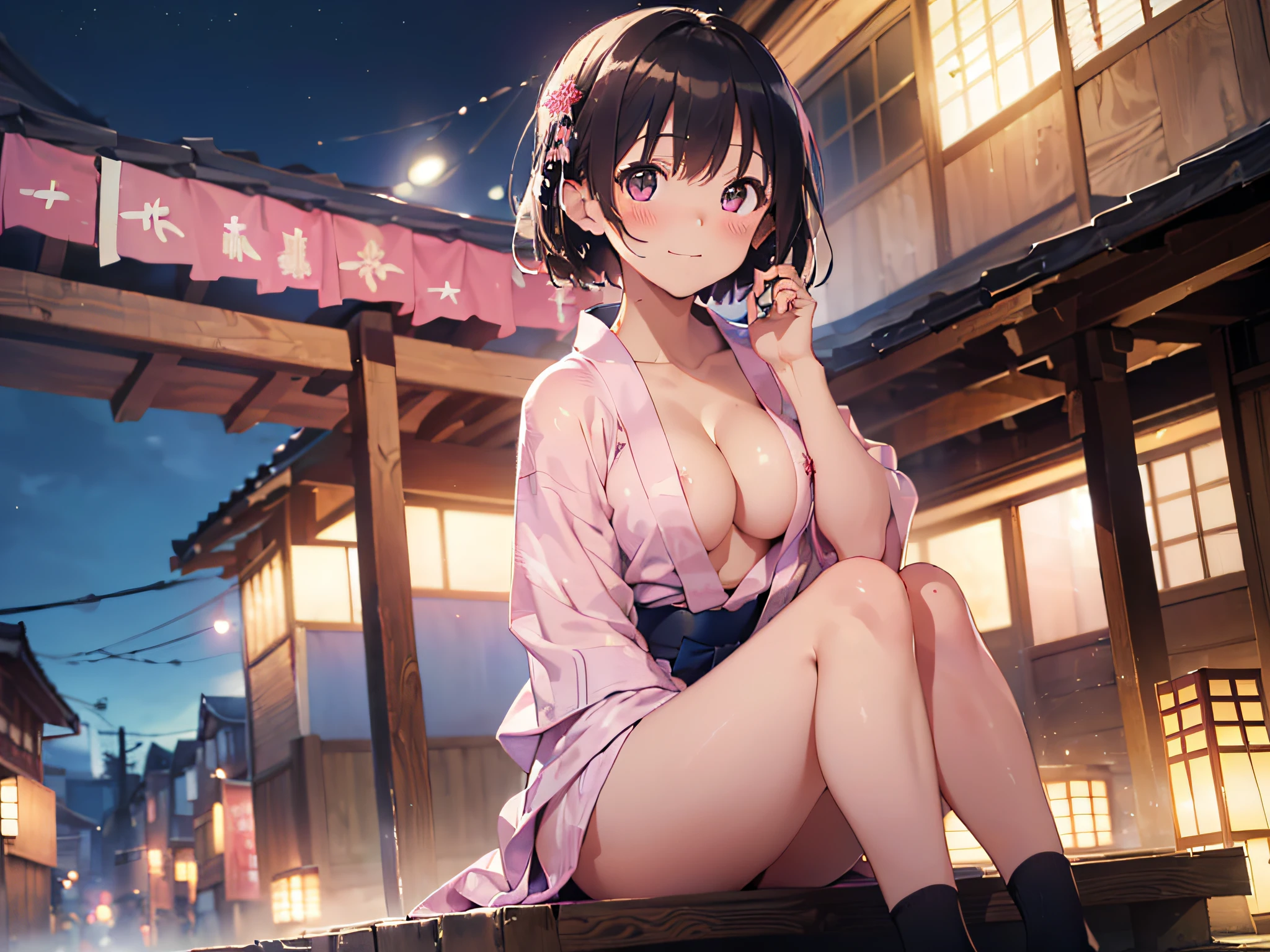 (​masterpiece:2.0), (top-quality:2.0), (sitting naked:1.5), (extremely mini skirt extremely small pink yukata:1.5), (super thin fabric:1.5), (sexypose:1.5), (blushed face:1.3), (barechested:1.3), (realistic:1.5), 1  girl, precise hands, Embarrassed look, light smile, Look at me and smile, extremely cute girl, innocent face, young face, Clear eyes, Shining eyes, small breast, (cleavage of the breast is visible:1.5), (the thighs is visible:1.5), The crotch is visible, No pubic hair, full body, The beautiful skin, ultra-definition, Top resolution, japan high school student, brown hair, at the night festival