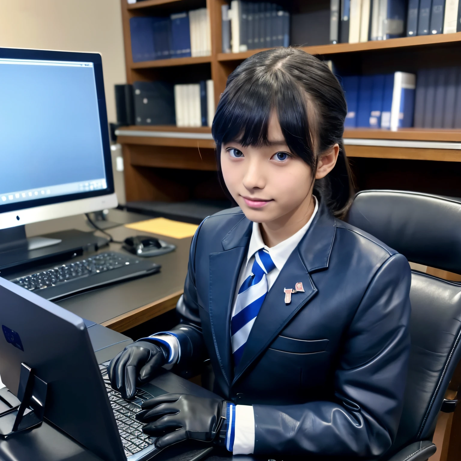 Dark blue blazer uniform、Blue shirt、Blue ribbon、Black leather gloves、hi-school girl、Operating a laptop computer on the desk、Sitting on a chair、((He wears black leather gloves on both hands))((Cute Japan high school girl))