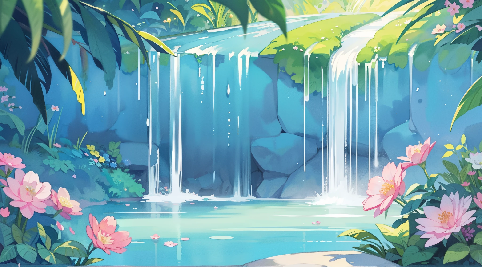 watercolor illustration, vibrant pastel colors, dreamy, colorful, whimsical, magical, masterpiece, best quality, sharp focus, intricately detailed environment, fine detail, 8k resolution, waterfall lagoon, (magical lagoon), (waterfall, lake), beautiful, golden ratio, perfect composition, perfect