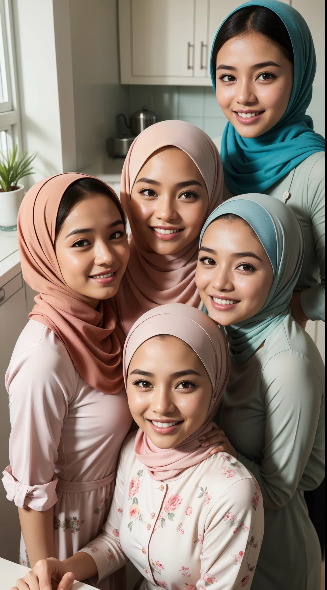 a beautiful naked malaysian girl, sweaty, athletic body, wearing hijab, and hairy armpits, being carried by two women