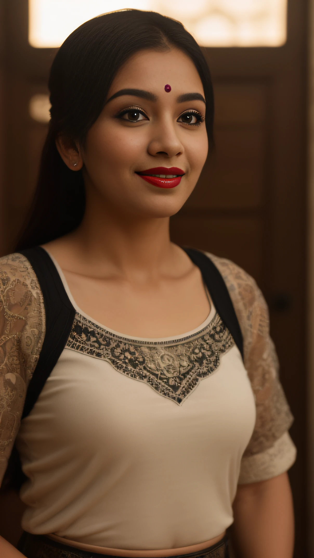 Day scene, close up photo of a indian from front view, posing on ground, (wearing black white top and skirt) , look at viewer with seductive smile, big natural red lips, (cinematic:1.3), intricate details, (ArtStation:1.2)