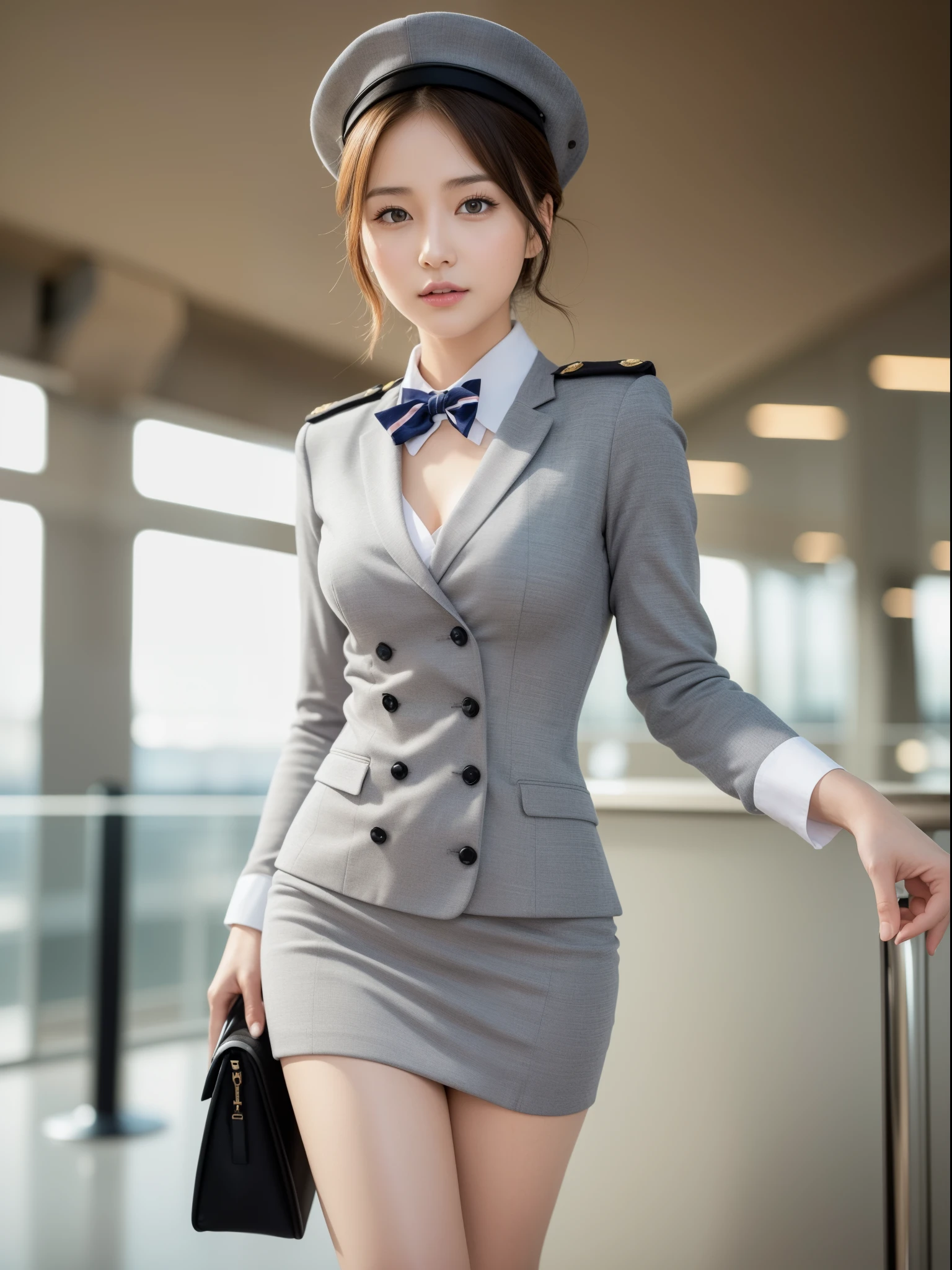 ((of the highest quality, 8K, masutepiece: 1.3, Raw photo)), Sharp Focus: 1.2, (1 AESPA Girl :1.1), Solo, (Realistic, Photorealistic: 1.37), (Face Focus: 1.1), Cute face, hyperdetailed face, (short messy hair), (updo: 1.2), Small breasts, flat chest, nude, (flight attendant uniform: 1.2), Meticulous beautiful flight attendant outfit, Thigh, airport, terminal, Restricted cap
